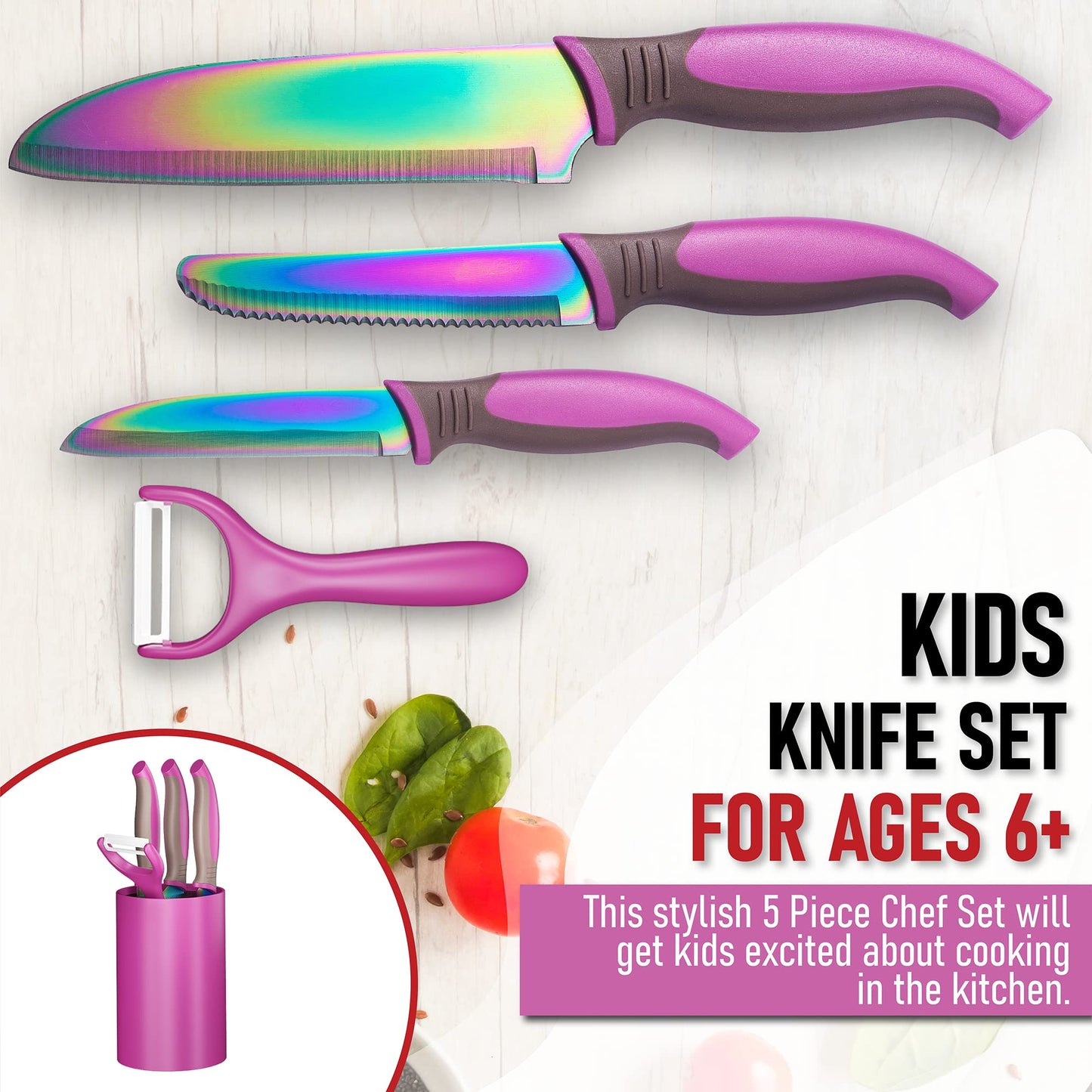 TruChef 5-Piece Kids Knife Set for Real Cooking | Stainless Steel Chef, Paring & Serrated Knives with Peeler & Holder | Safe Junior Chef Cooking Set for Kids (5 pcs, Pink)