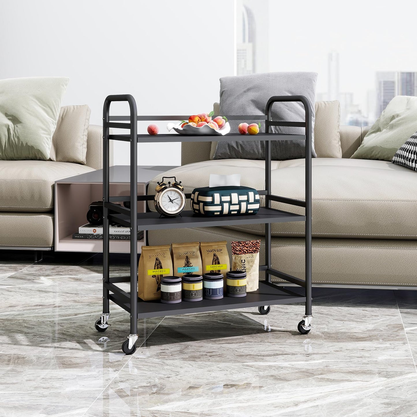 HDANI 3 Tier Metal Utility Multipurpose Rolling Cart,Large Capacity Heavy Duty Cart with Lockable Wheels Rolling Cart with 2 Lockable Wheels for Home,Office,Kitchen,Bathroom,Bedroom(Black)