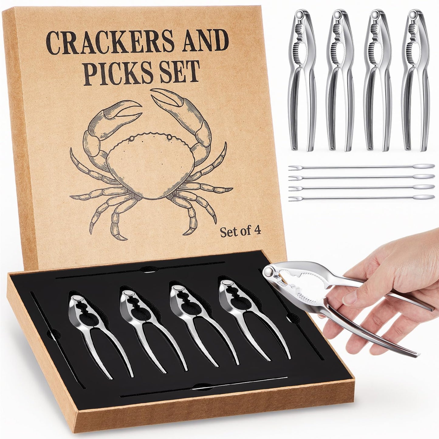 Pangda Crab Crackers and Tools Set with Gift Box Including 4 Lobster Crackers and 4 Seafood Forks Kit Professional Seafood Tools Set Crab Leg Cracker Tool Christmas Gifts