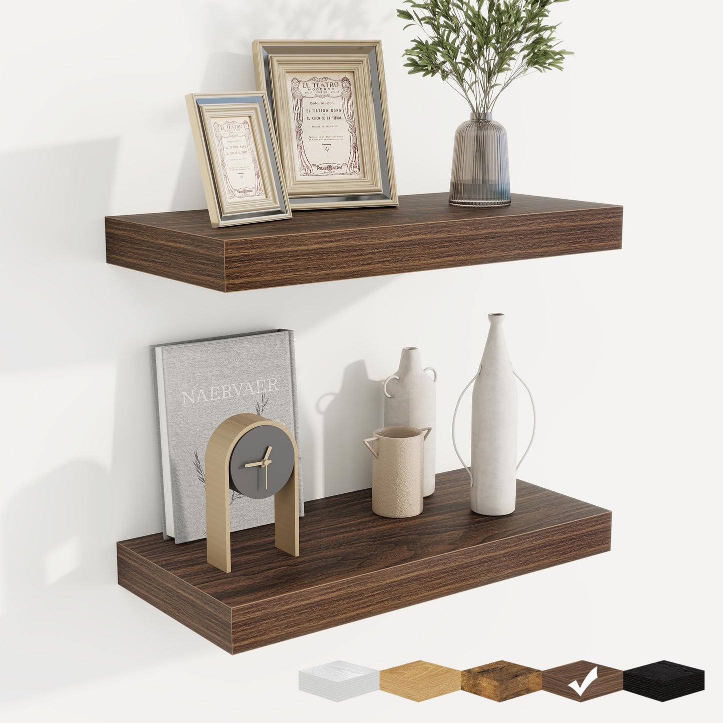 fuqing Floating Shelves for Wall, Wall Mounted Wood Floating Shelf with Invisible Brackets for Living Room, Bathroom, Bedroom, Kitchen Storage and Decor, 16 Inch Set of 2, Walnut
