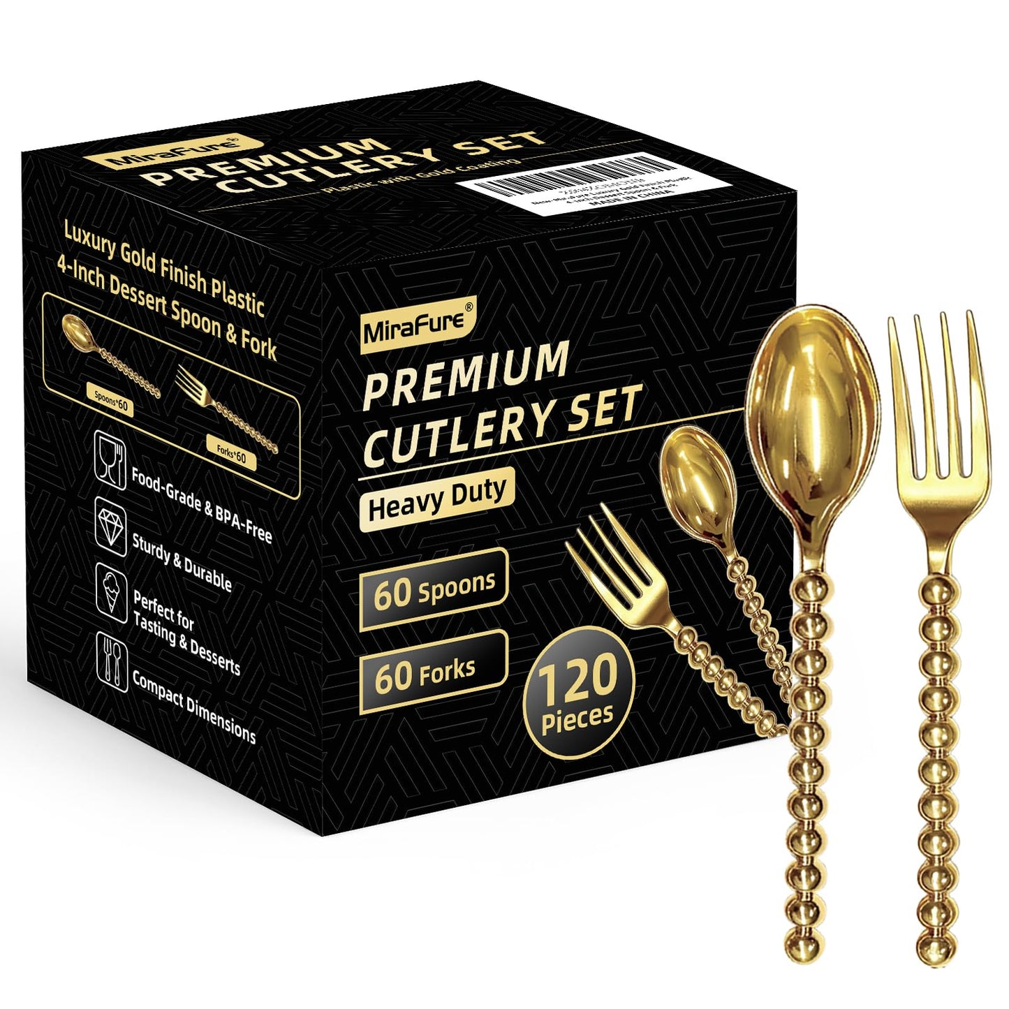 MiraFure Premium Gold Mini Dessert Utensils Set - 120-Piece (60 Forks & 60 Spoons) with Beaded Handle, 4.4 Inch BPA-Free Plastic, Appetizer Utensils for Parties, Charcuterie Boards & Tasting Events