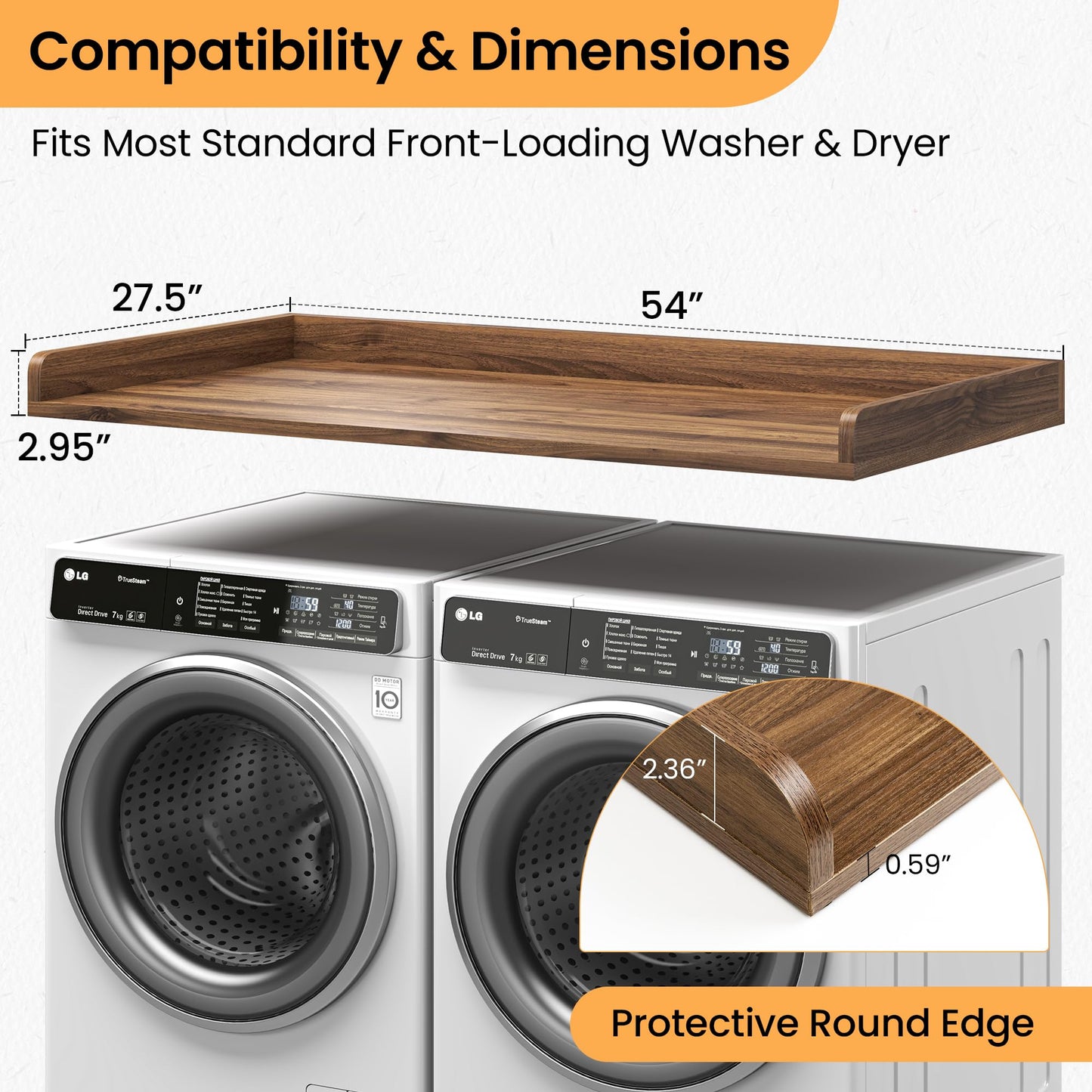 Washer Dryer Countertop, 27.5"x54" Wood Washer and Dryer Countertop with 2.95" Edge Rails, Laundry Machine Topper with Rounded Corner for Laundry Room Organization and Storage, Walnut