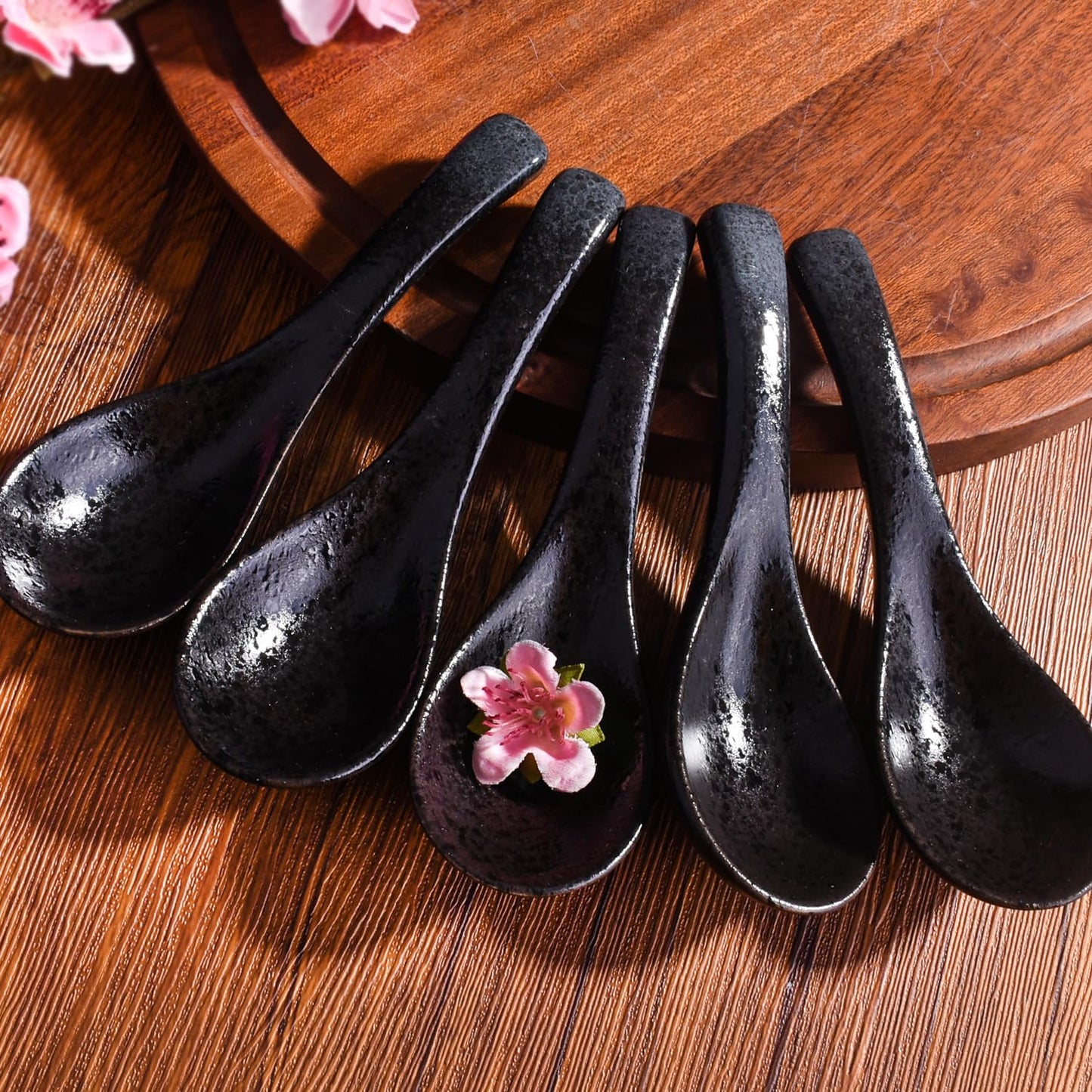 Whitenesser 5-Piece Japanese Ceramic Soup Spoon Set, Premium Reactive Glaze Ramen Spoons, 5.3" Elegant Black Spoons for Miso, Wonton, Rice, Pho, Dishwasher Safe