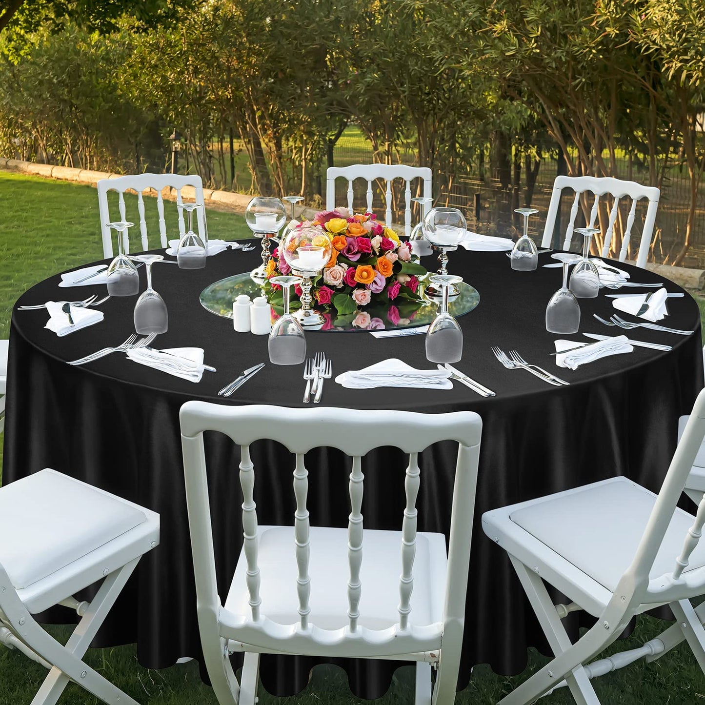 Ruisita 120 Inches Round Satin Tablecloths Black Overlay Round Satin Table Cover Bright Silk Tablecloth Smooth Fabric Tablecloth for Wedding Banquet Table Decoration