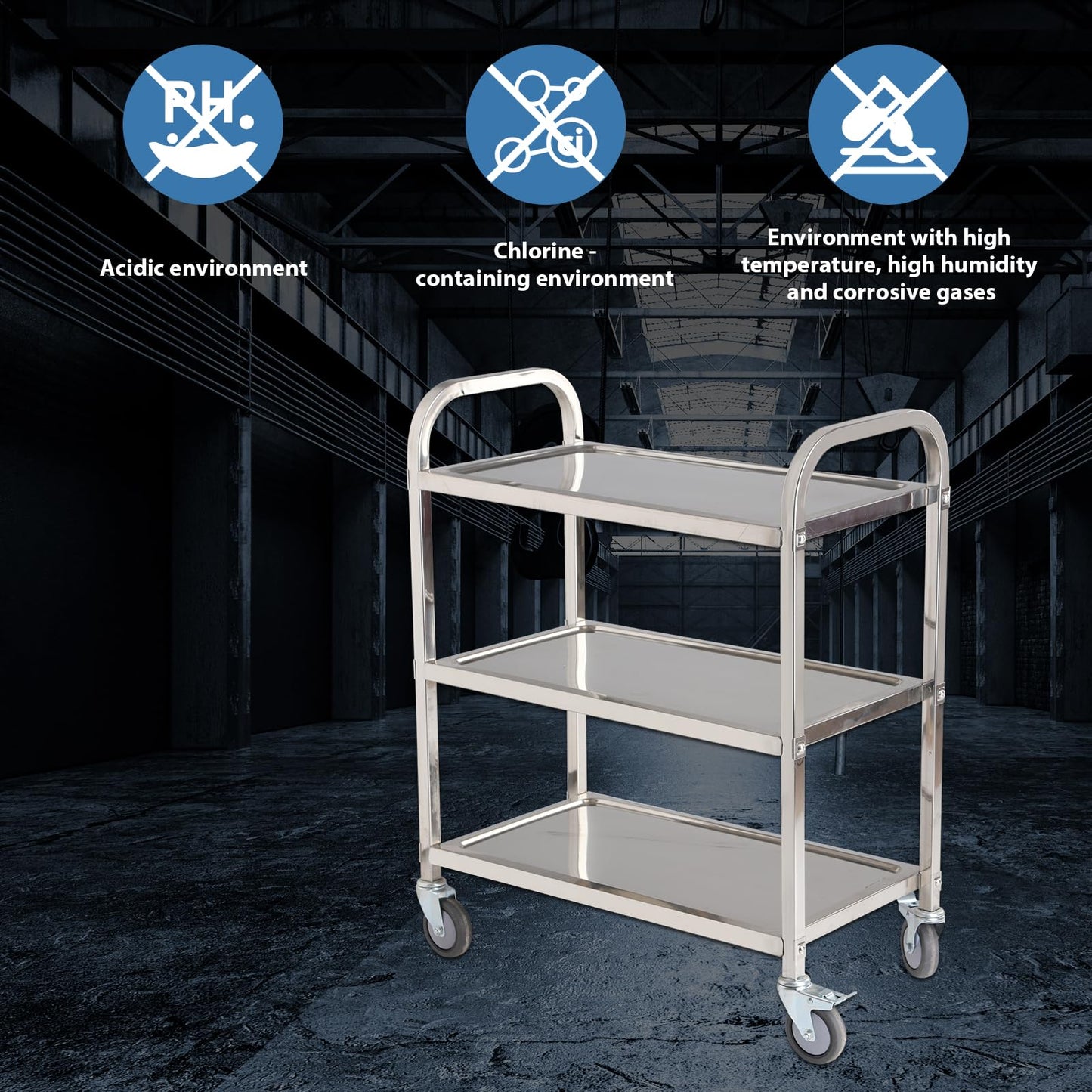 Amarite 3 Shelf Stainless Steel cart,400 lbs,1MM Thick，Serving cart with Wheels, Household, Service Trolley,360°Rotation Storage Shelf with Locking Wheels 29.5 * 15.7 * 37.4'' L*W*H S.