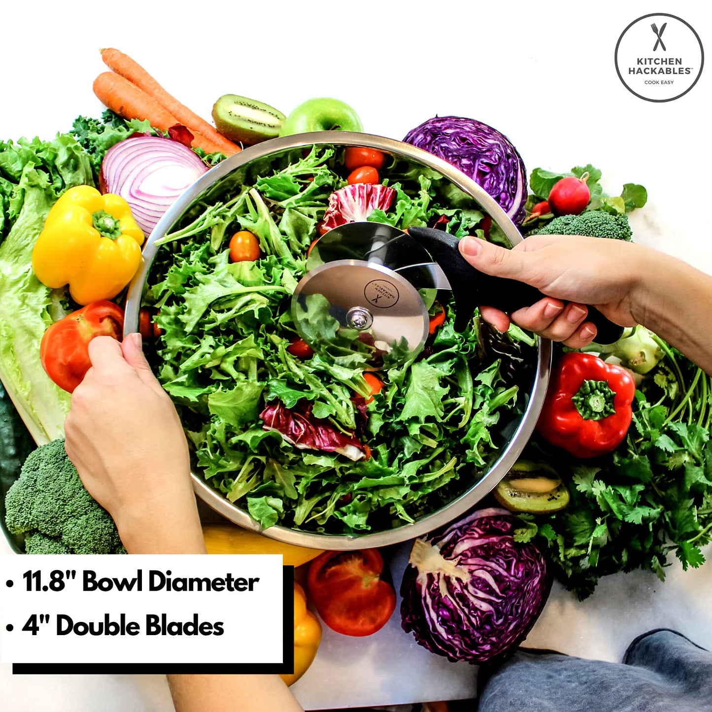 Kitchen Hackables Stainless Steel Salad Cutter Bowl with Chef Grade Mezzaluna Ultra-Fast Salad Prep