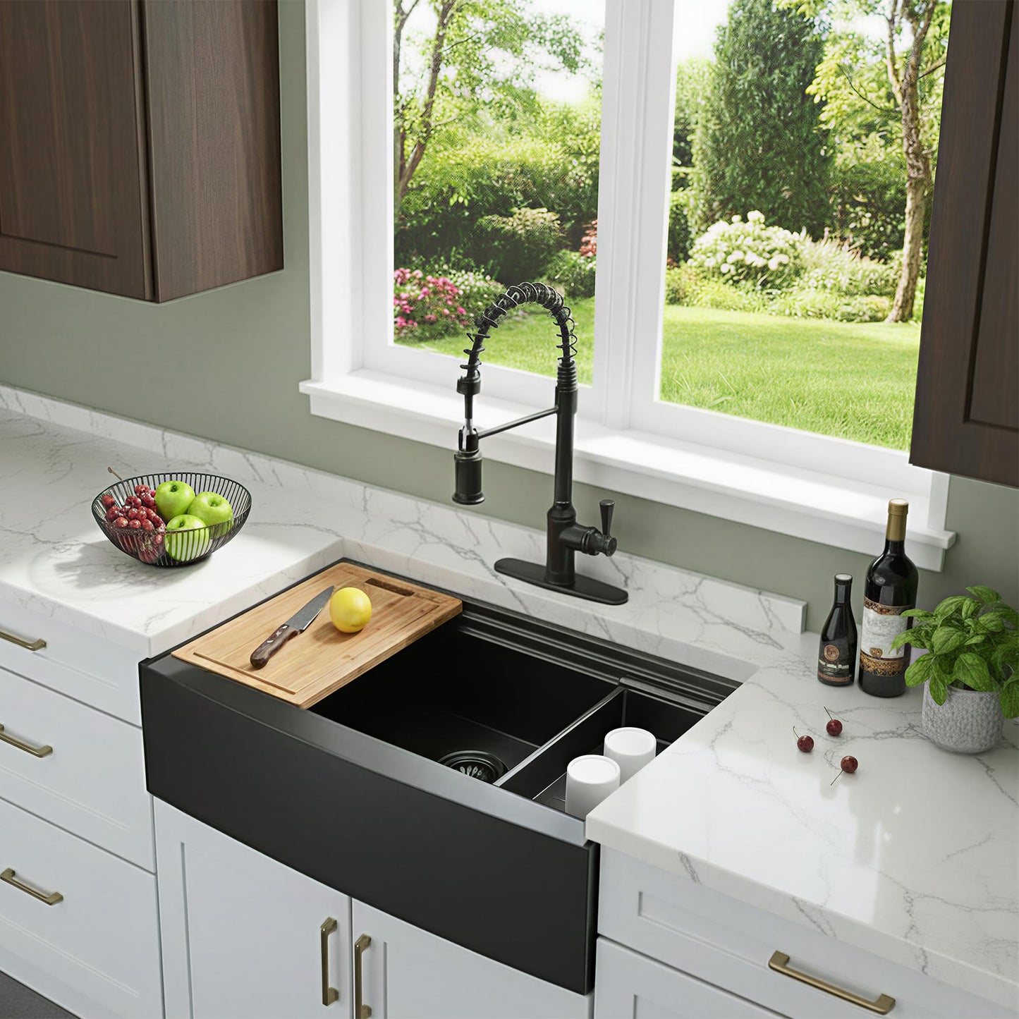 KINGO HOME 33 inch Black Farmhouse Sink, 16 Gauge Double Ledges Stainless Steel Farmhouse Kitchen Workstation Sink, All In One Apron Front Deep Single Bowl Kitchen Farm Sytle Farmer Sinks 33"x20"x9