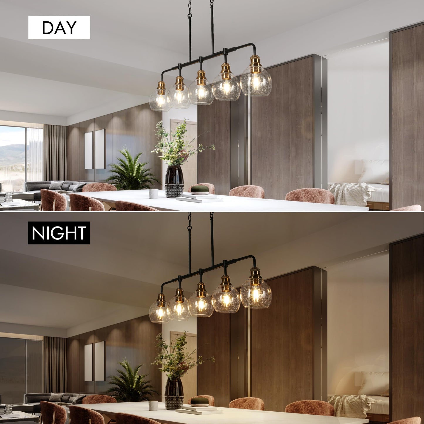 KSANA 5 Light Kitchen Island Lighting, Mid-Century Modern Linear Chandelier Black and Electroplated Copper Dining Room Light Fixtures with Seeded Glass Shade, 39" W