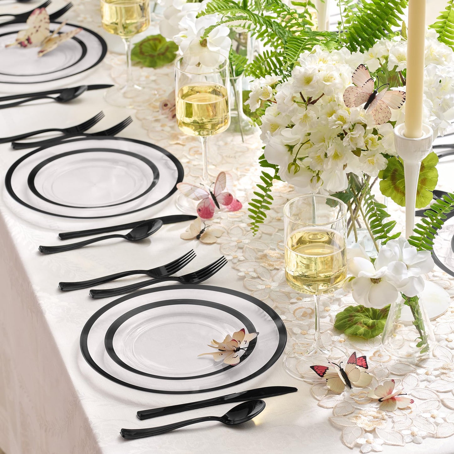 By Madee HEAVYWEIGHT 150 Pcs Clear and Black Plastic Plates and Utensils Set | Fancy Plastic Dinnerware Sets with Gift of 3D Butterflies for Table Decor (25 Guests)