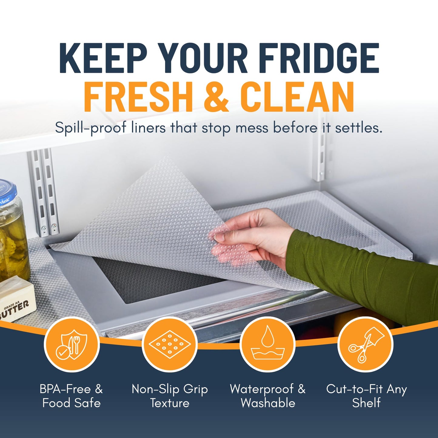 Refrigerator Liners for Shelves (8 Pack) by Linda’s Essentials - Non-Adhesive Drawer and Shelf Liner, BPA-Free Fridge Mats for Kitchen & Cabinets, Easy to Clean, Ideal Household Essentials (Clear)