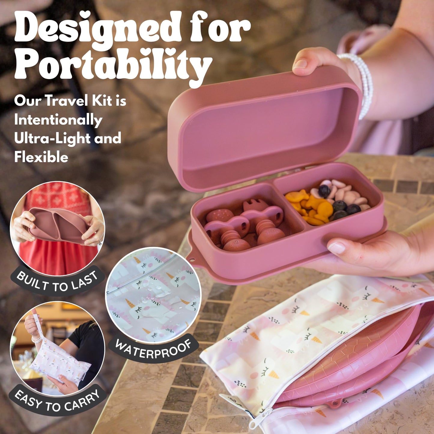 Baby Travel Essentials 6 Pc Silicone Feeding Set - Portable Toddler Plates with Suction, Baby Spoons & Foldable Bib in Carrying Case - BPA-Free Infant & Toddler Utensils for Airplanes & Eating Out