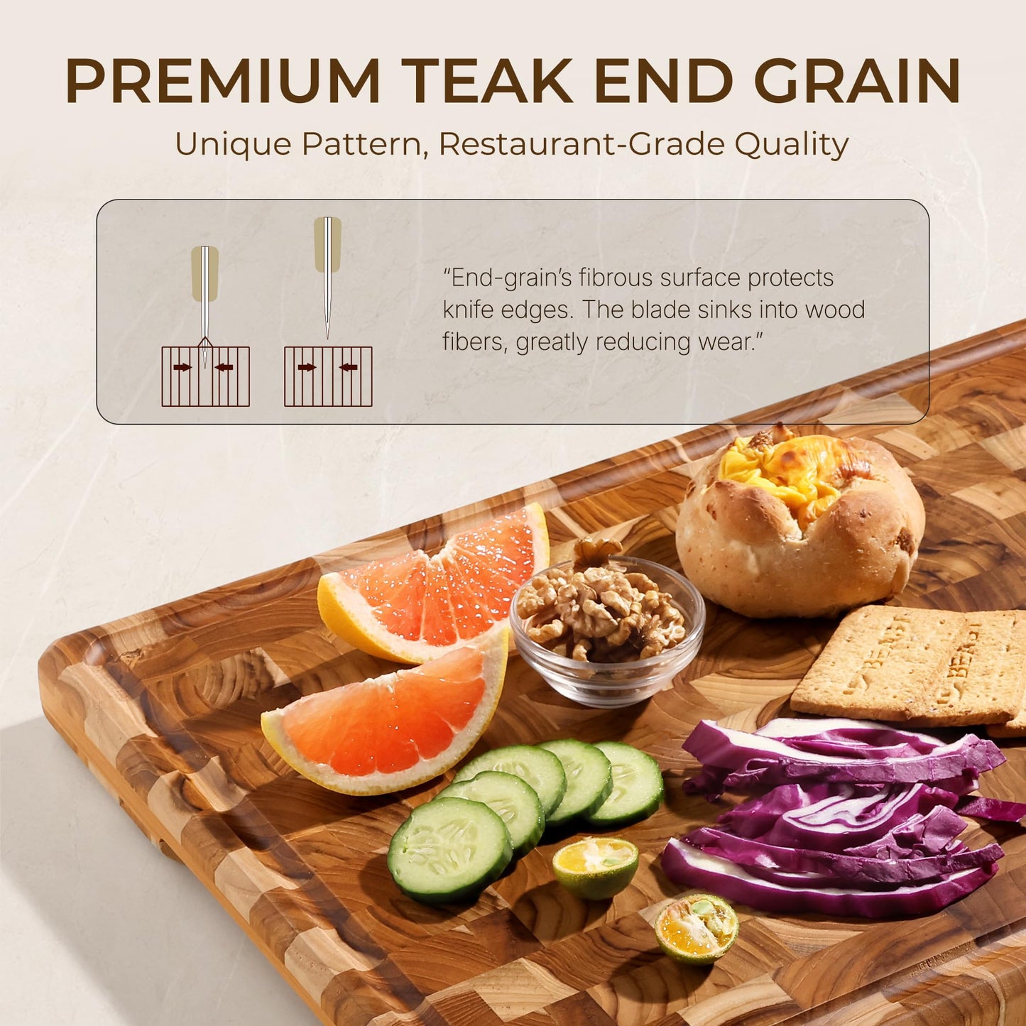 Teak Wood Cutting Boards for Kitchen 20'' Extra Large Butcher Block End Grain Wooden Cutting Board with Juice Groove & Handle Heavy Duty Chopping Charcuterie Board Non Toxic Slip Serving KnifeFriendly