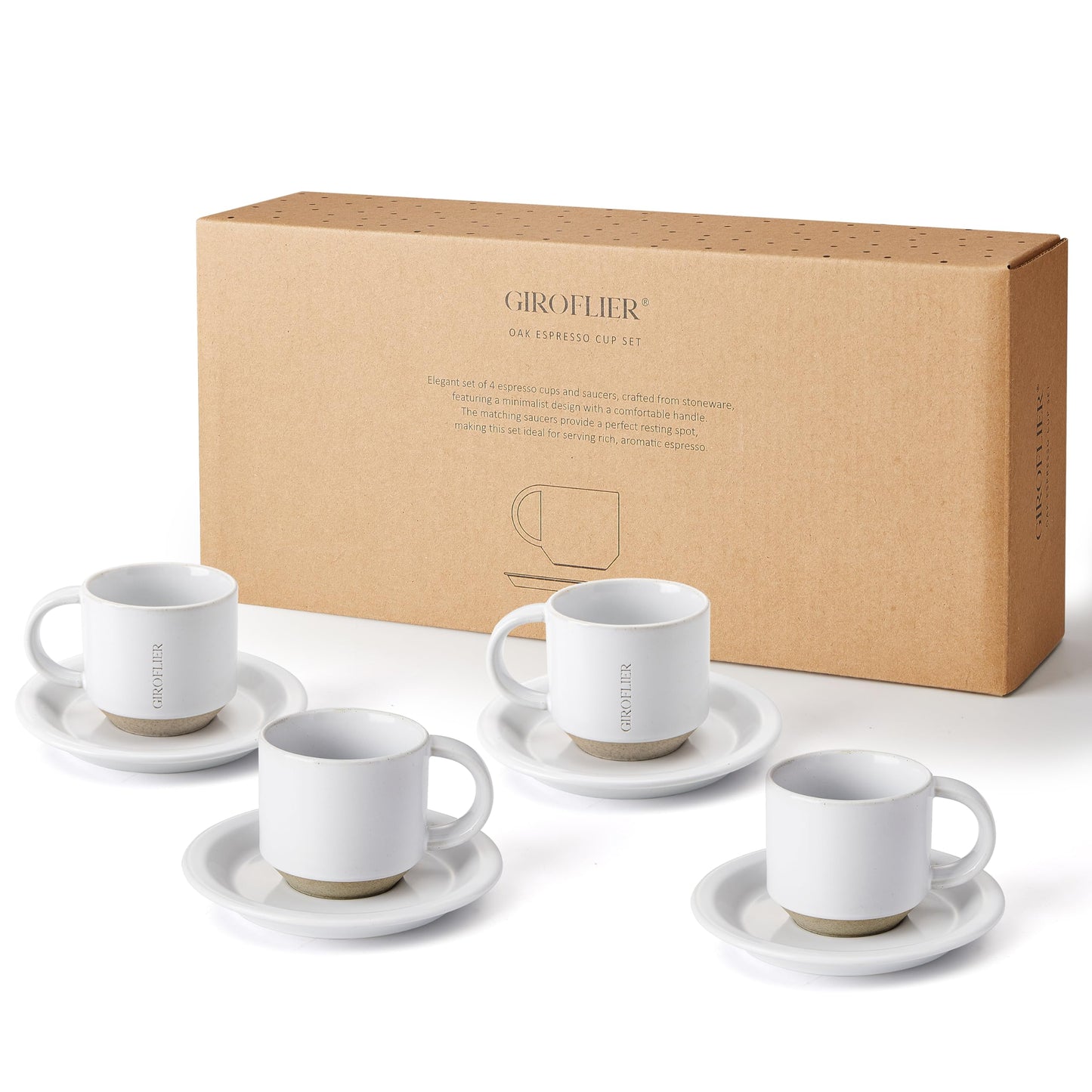 Giroflier Oak Espresso Cups Set of 4, 3 oz Demitasse Cups, Modern Style, Microwave & Dishwasher Safe (Snow)