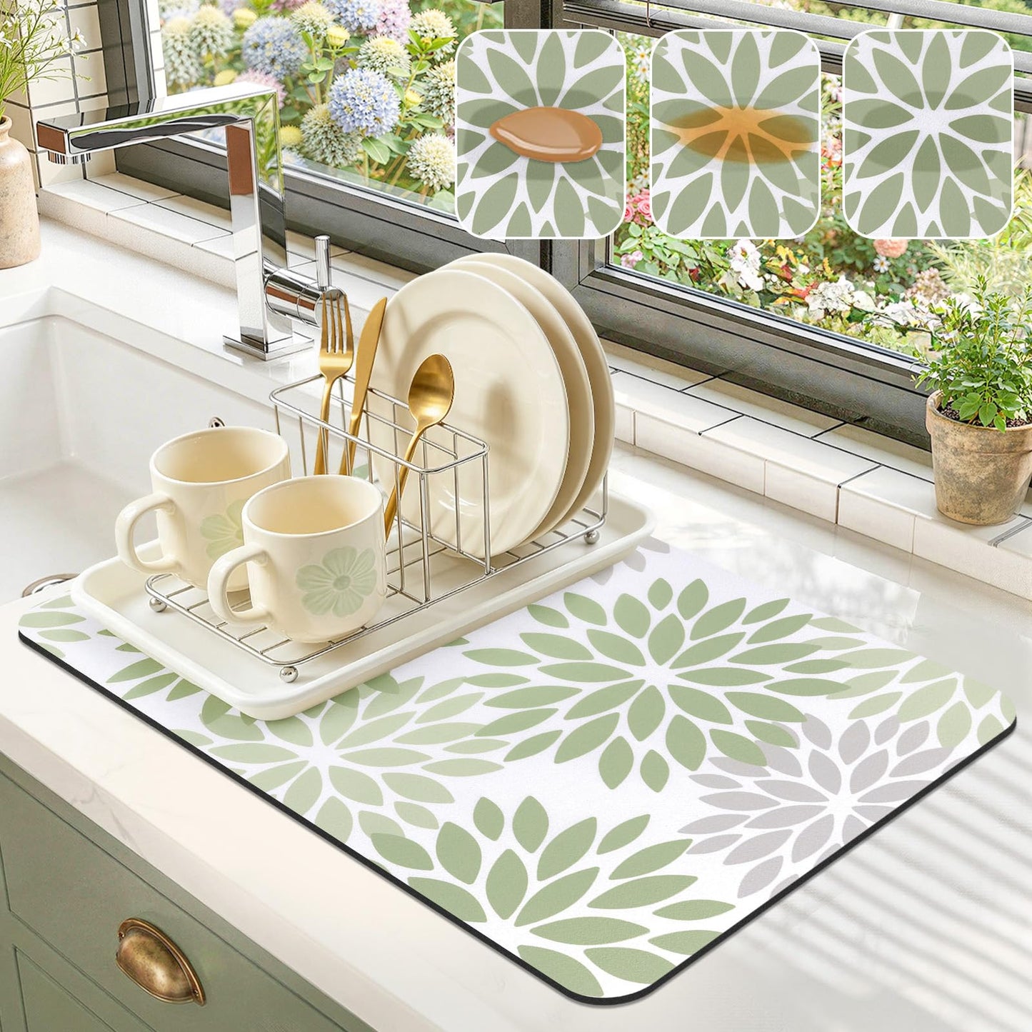 Findosom Floral Dish Drying Mat, 12" x 20" Super Absorbent & Hide Stain Coffee Mat, Cuttable Drying Mat for Kitchen Counter, Under Dish Rack, Coffee Maker, Espresso Machine, Sage Green