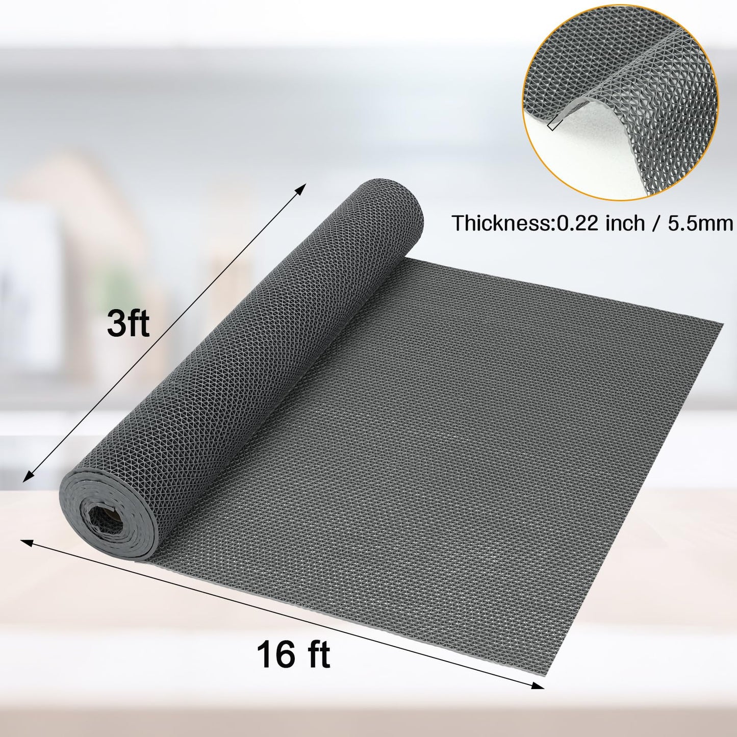 Drydiet Non Slip Drainage Mat Roll, 0.22" Thick Heavy Duty Waterproof PVC Flooring, Cuttable Floor Mat for Pool Deck, Garage, Kitchen, Restaurant,Bathroom,Washroom,Workshop(Gray,3 x 16 ft)