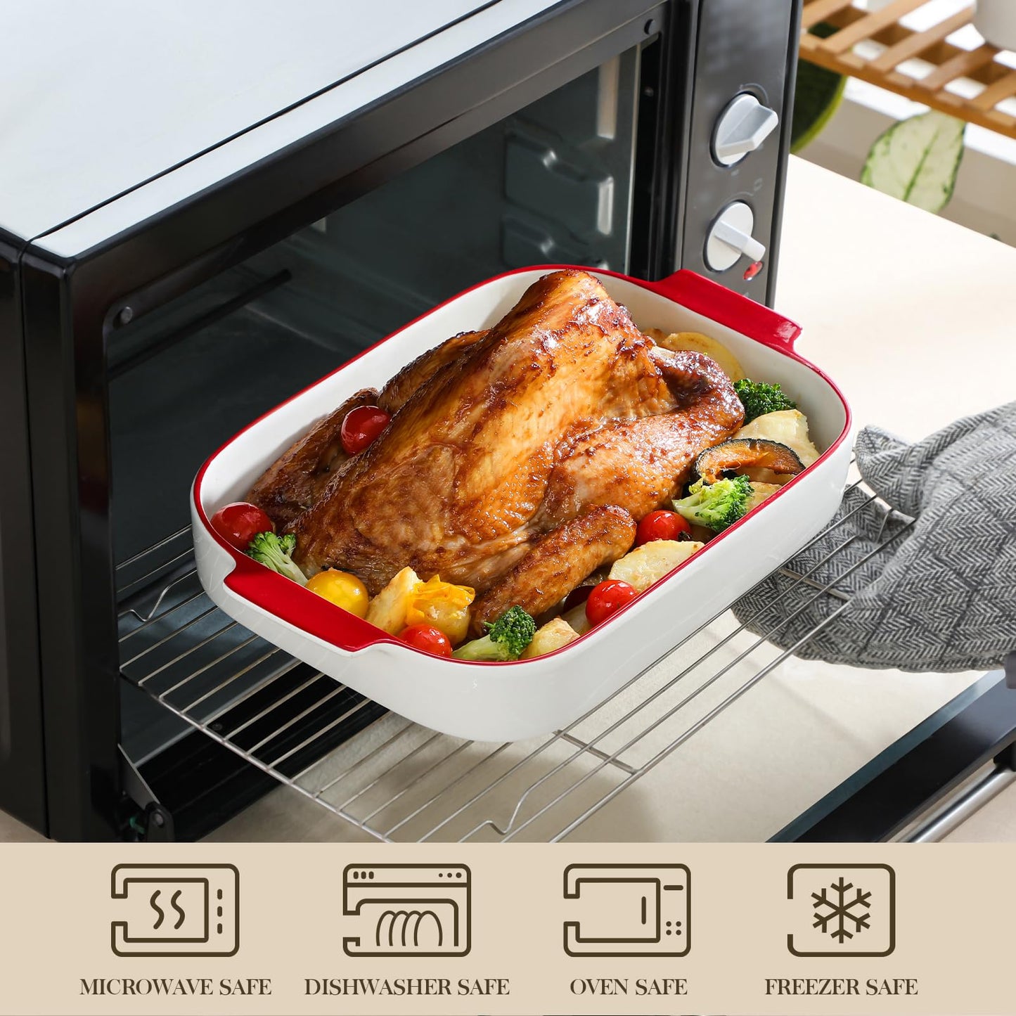 MALACASA Casserole Dishes for Oven, Ceramic Baking Dishes Set of 3, Rectangular Lasagna Pan Deep Baking Pans, Bakeware Sets with Handles Gift Set, White with Red Trim (13.8''/11.7''/9.4''), Series BAKE