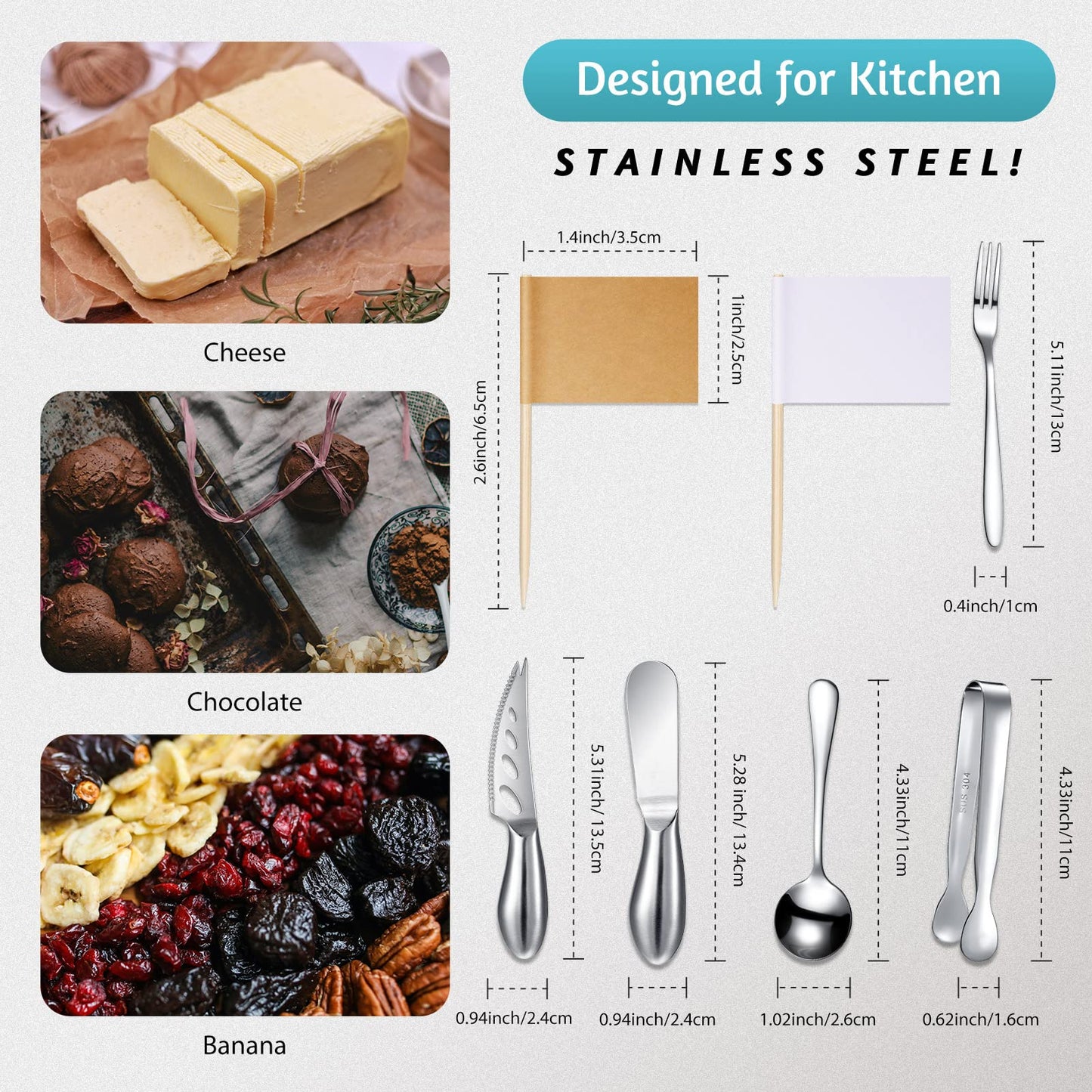 Patelai Charcuterie Board Accessories Cheese Spreader Knife Set Charcuterie Utensils Butter Knife Stainless Steel Mini Serving Tongs Spoons Appetizer Forks for Pastry(Silver,18 Pieces)