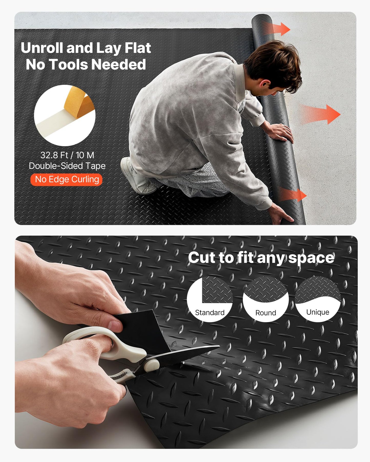 VEVOR Garage Floor Roll, 4 x 10 ft Garage Flooring Mat, 2.2 mm Thickened PVC Diamond Plate Floor Protector Mat with Double-Sided Tape, Non-Slip, Easy to Clean for Warehouse, Gyms, Trailer, Black