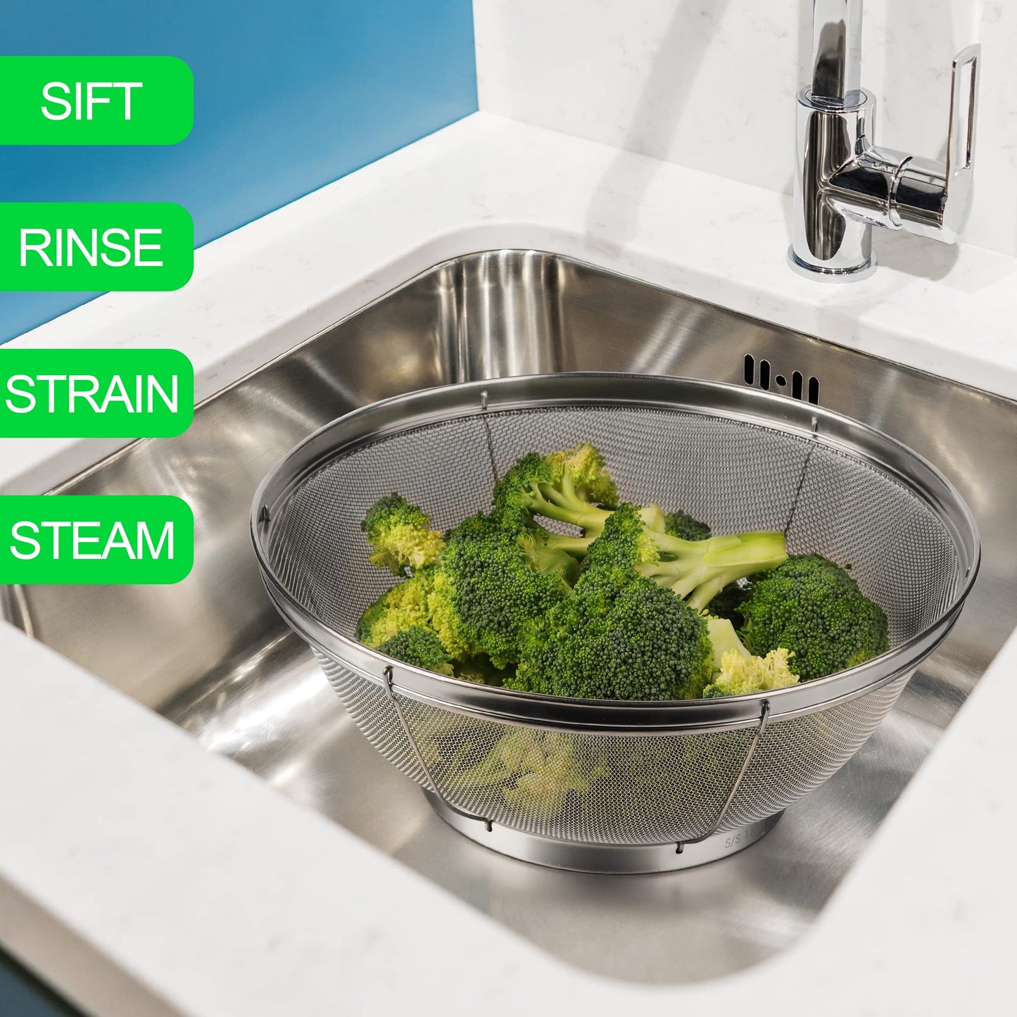 3 Pack Strainers for Kitchen, 18/8 Stainless Steel Colander, Fine Mesh Strainer for Pasta, Rice and Fruit, Sieve for Strain, Drain, Rinse or Steam (5-Quart, 4-Quart and 3-Quart)