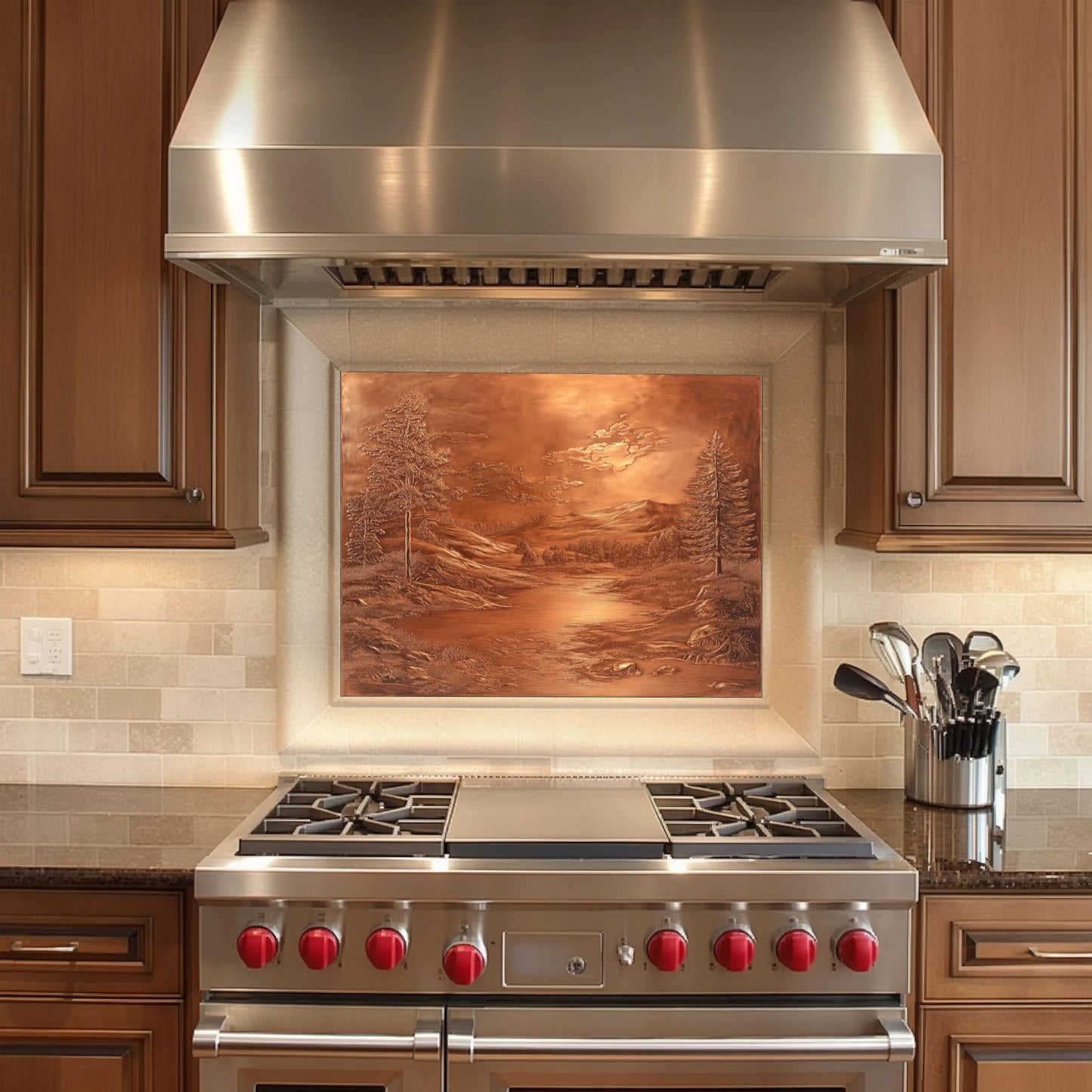 Mythog Glass Backsplash for Kitchen, Mountain Copper Look Glass Kitchen Backsplash, Rustic Stove Backsplash, Stove Behid Splashback Glass, Custom Kitchen Backsplash