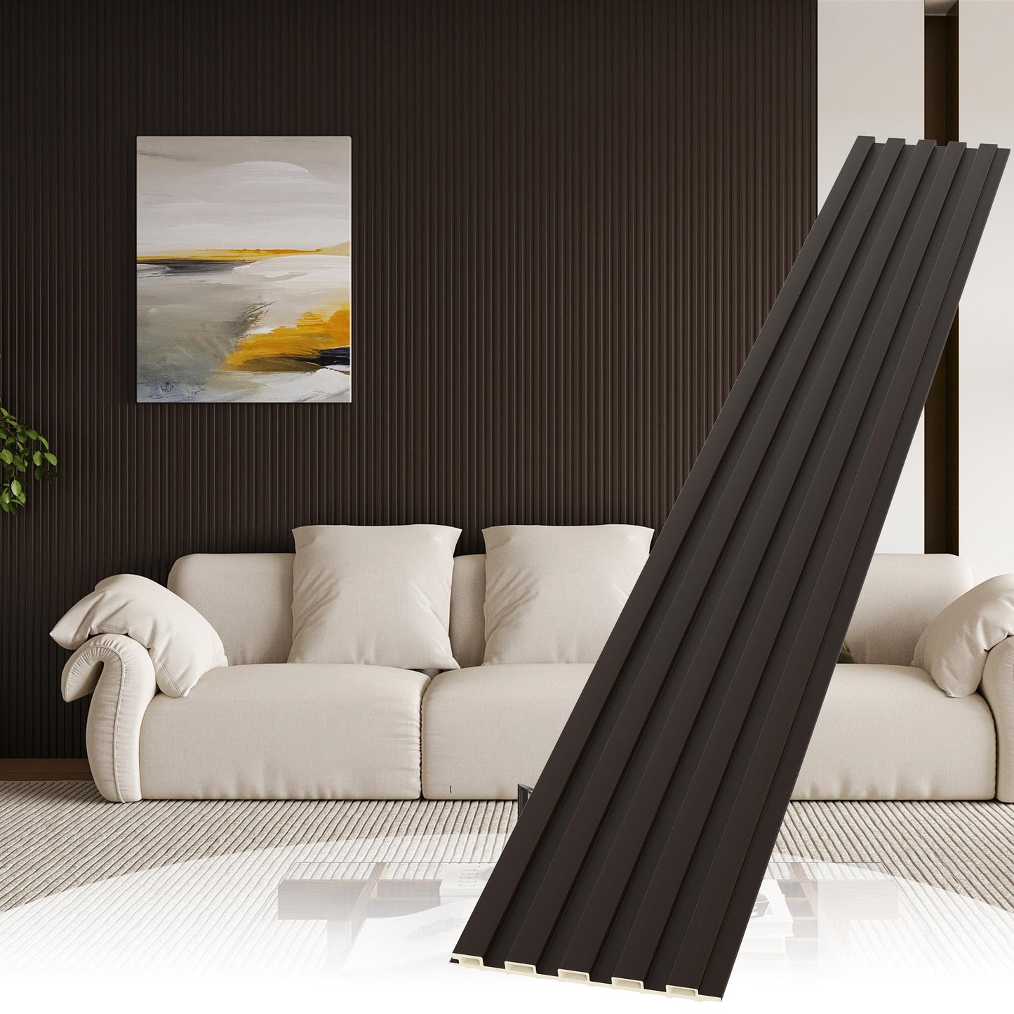 POHARE Slat Wall Paneling,8-Pack 3D WPC Wood Wall Panels,Acoustic Wall Panels for Interior Wall Decor,Living Room,Bedroom,Black Brown,95 x 6 in