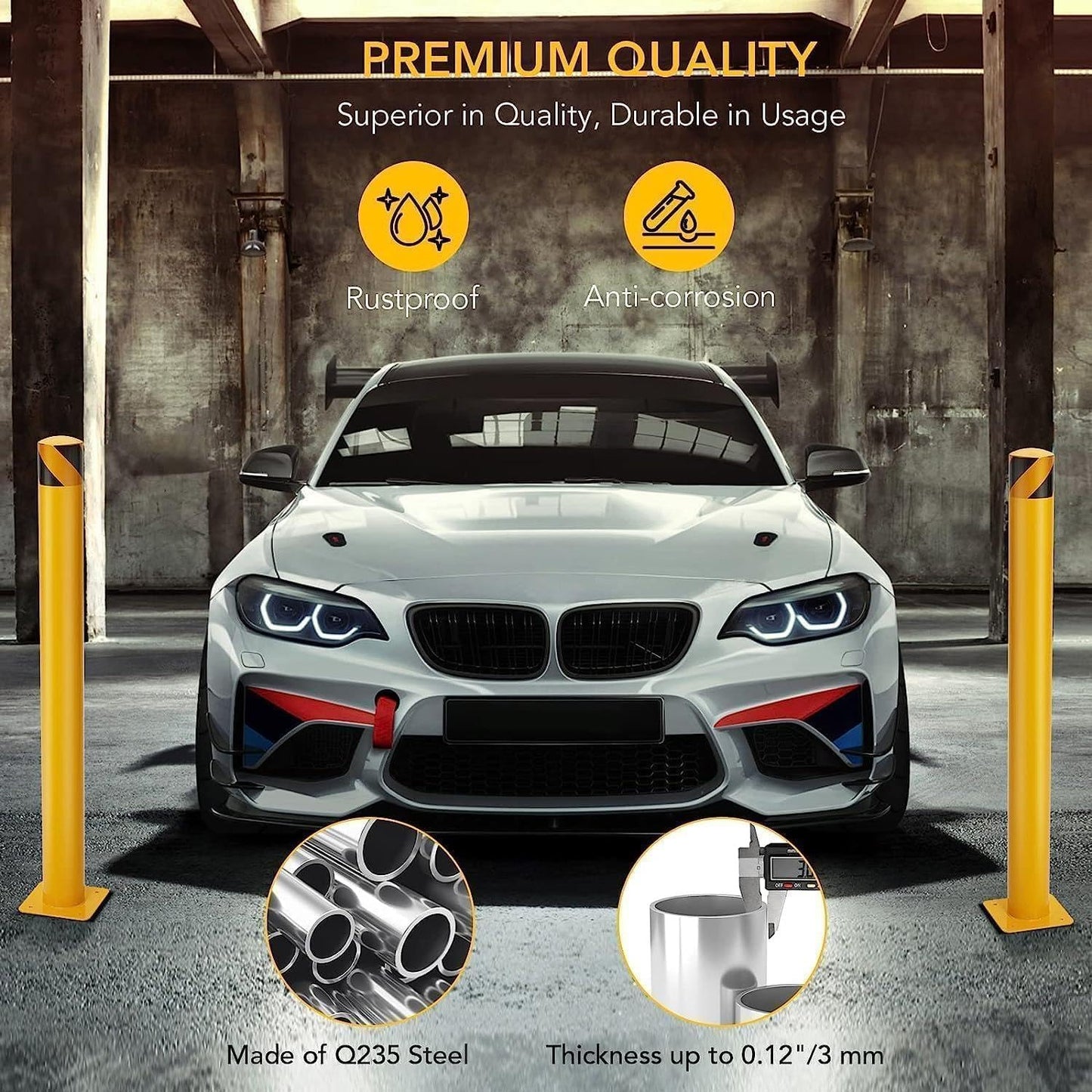 6Pcs 48 Inch Safety Bollard Post, 4.5 Inch Diameter Steel Pipe Bollard with 24 Anchor Bolts, Heavy Duty Yellow Steel Bollard for Parking Lot Security, Driveway Barrier, Traffic-Sensitive Areas