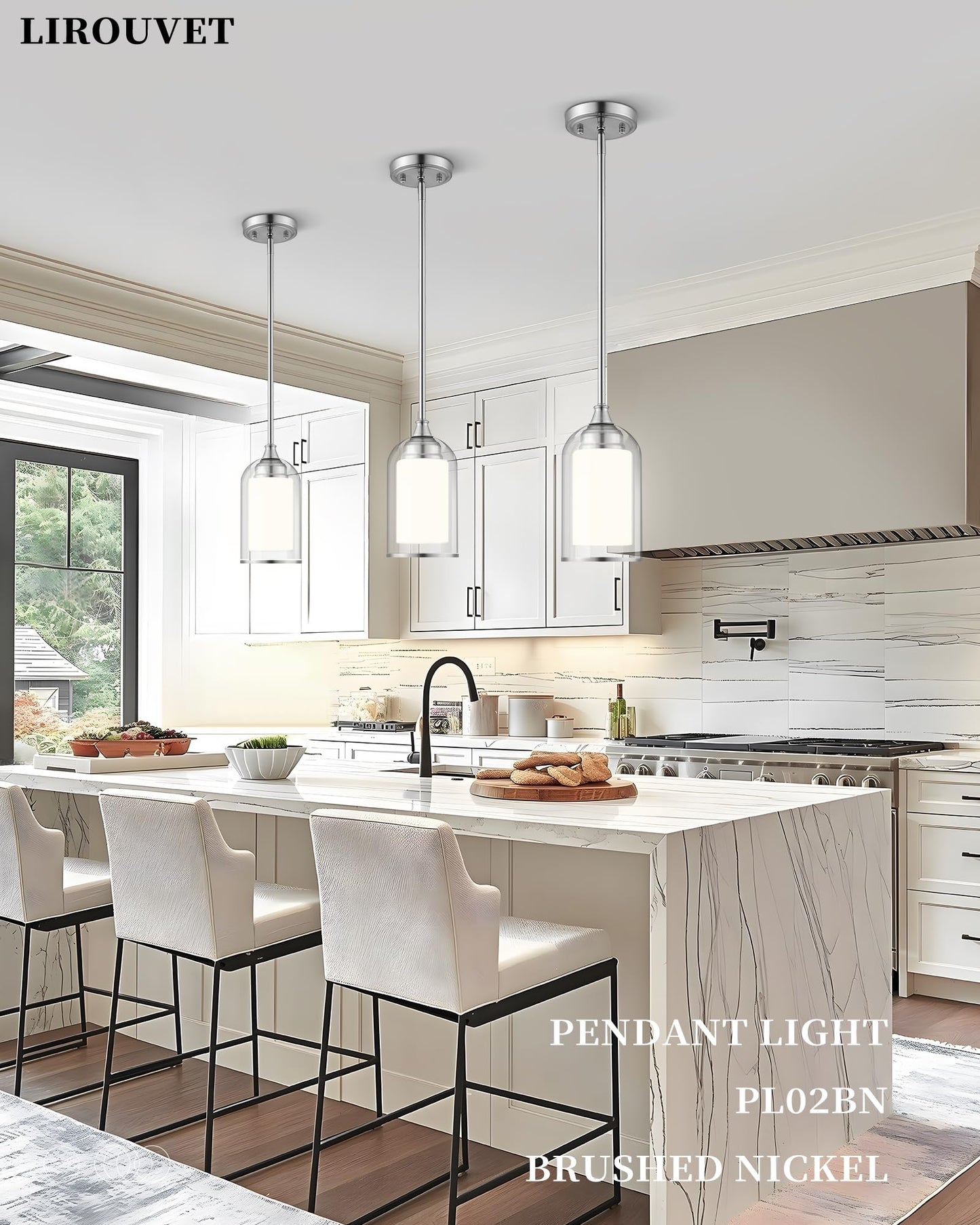 LIROUVET 2 Pack Pendant Light Fixtures, Modern Dual Glass Pendant Lights, Brushed Nickel Hanging Light with Clear and Milk Glass, Pendant Lights Kitchen Island for Dining Room PL02BN-2PK
