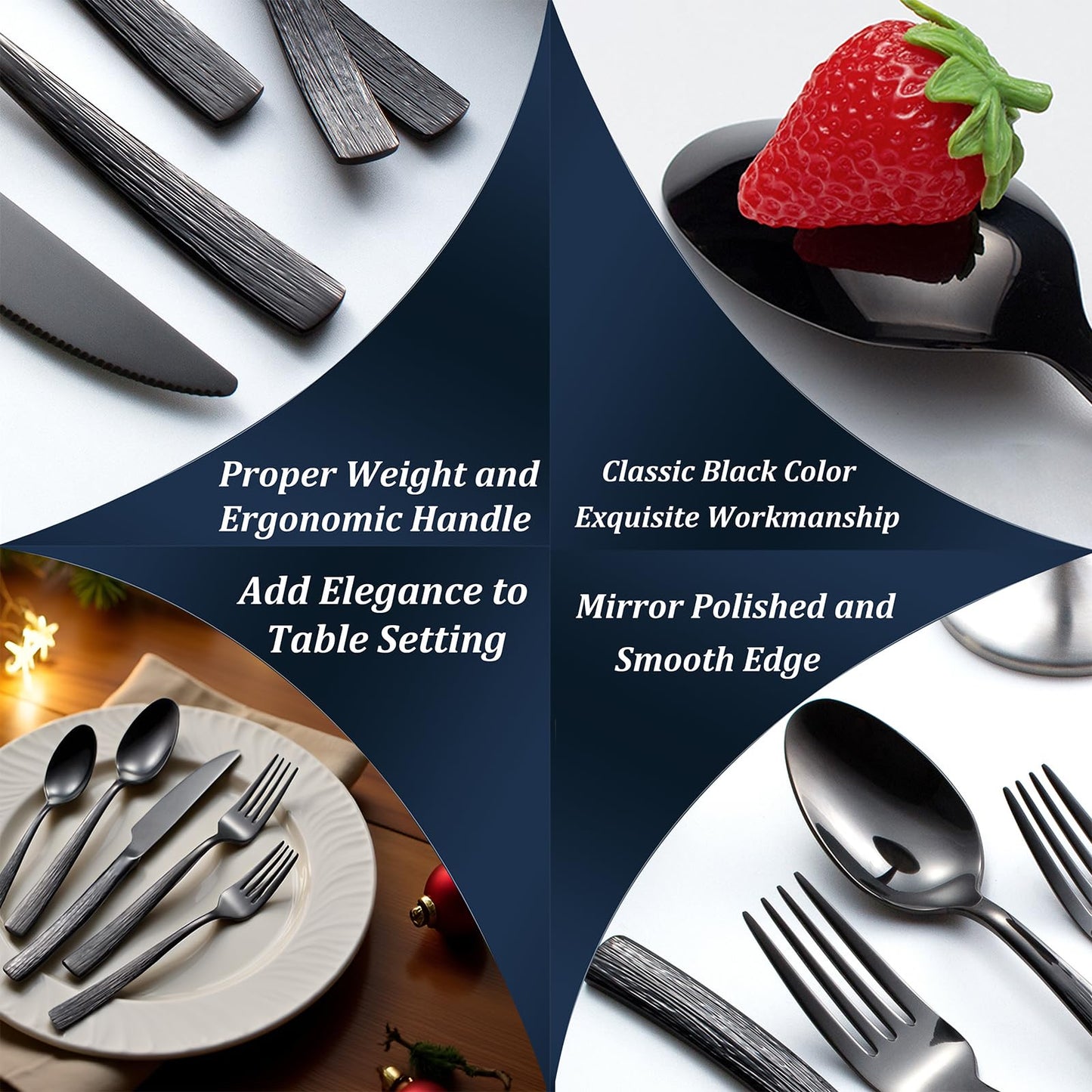 40-Piece Black Silverware Set for 8, CITESANA Heavy Duty Stainless Steel Flatware Set with Ripple Handles, Mirror Polished Kitchen Cutlery Set