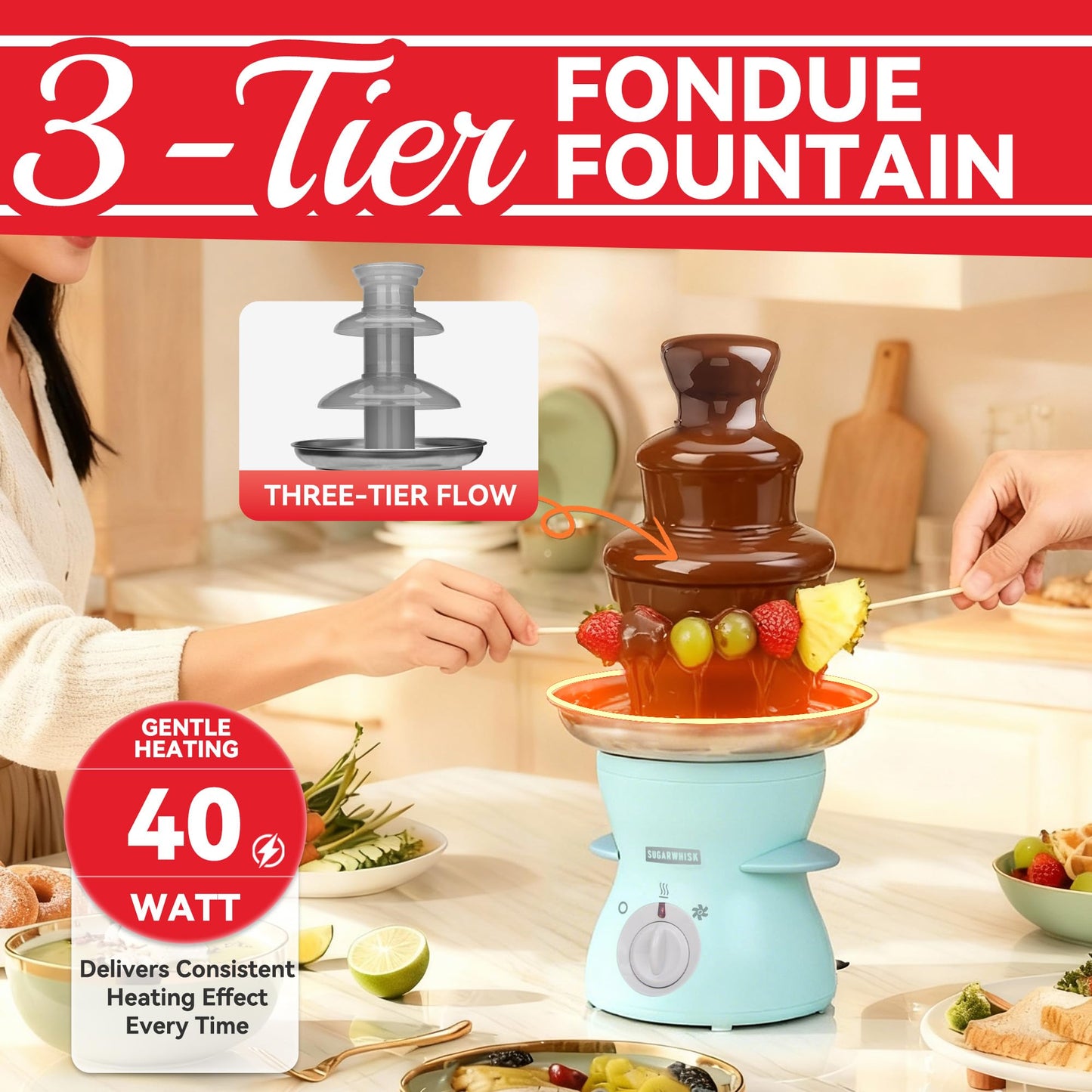 SugarWhisk 3 Tier Mini Chocolate Fountain Machine, Easy to Use & Clean, Great for Parties, Events & Weddings, 22 Oz Capacity, Aqua