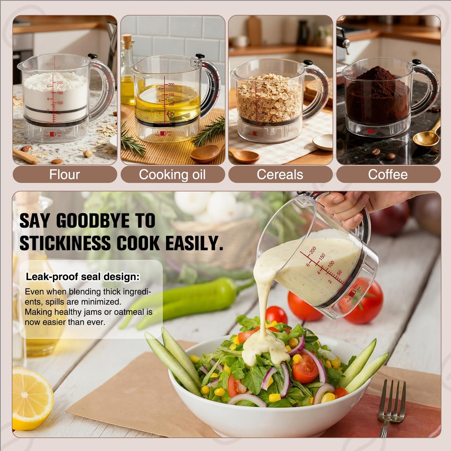 Saysurey 4 In1 Adjustable Measuring Cup Set Multi with Scraper Style Seal Base Adjustable Measuring Spoon Measurement Conversion Chart Space Saving Easy to Clean for Baking Cooking