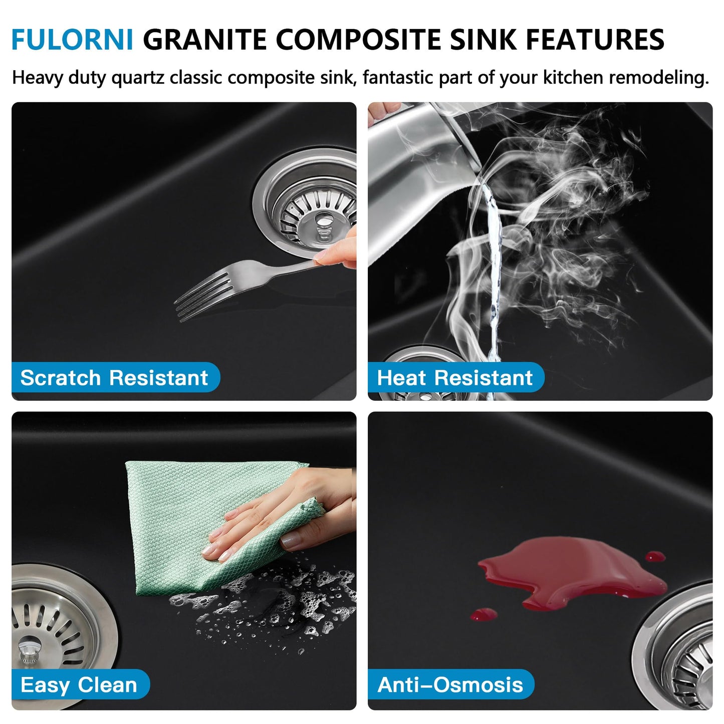 Fulorni 21"x18" Undermount Wet Bar Sink Workstation - Matte Black Granite Composite Quartz Classic Single Bowl Under Counter Small Kitchen Bar Prep RV Sink Basin