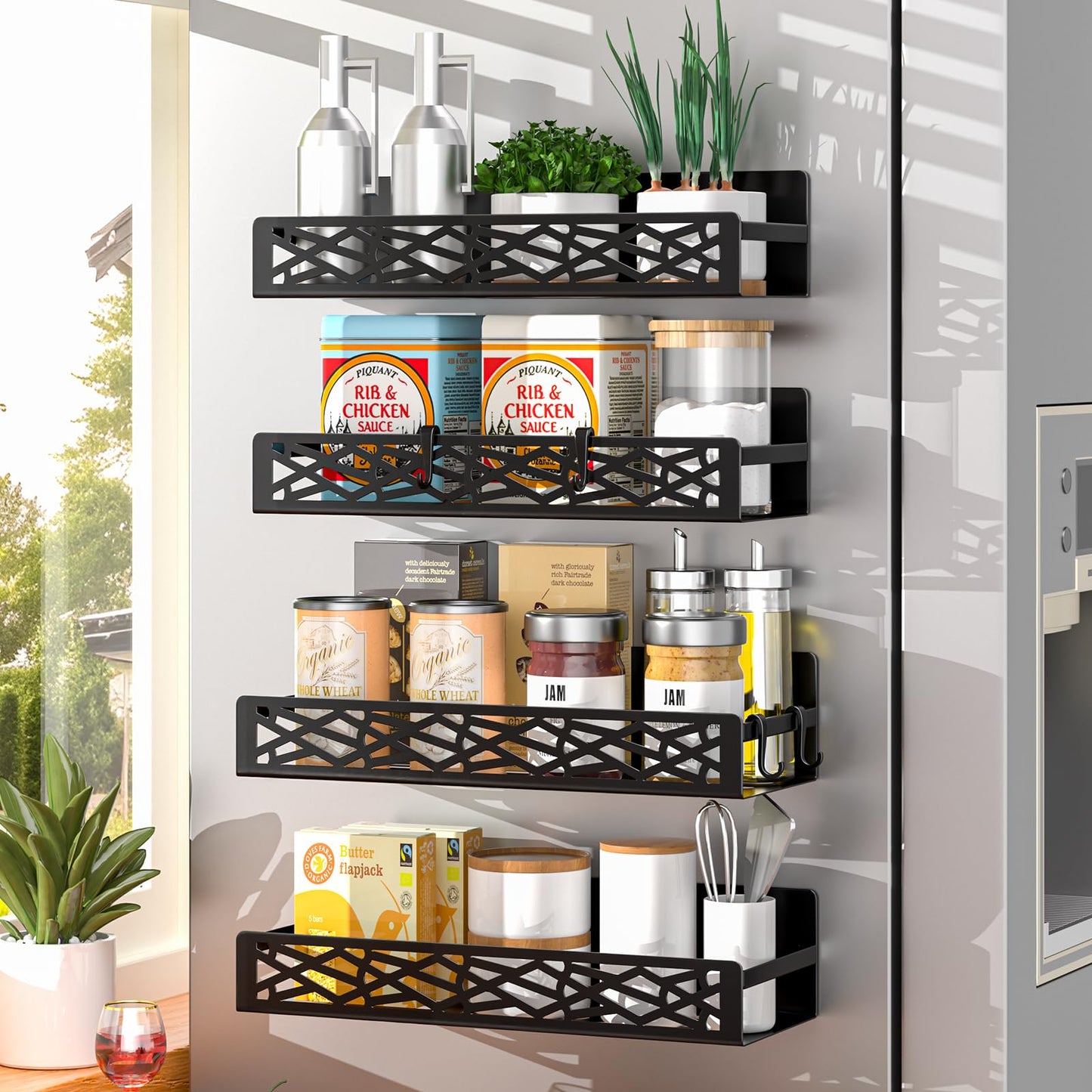 DTUQYX 4 Pack Magnetic Spice Rack for Refrigerator, Heavy Duty Metal Magnetic Fridge Spice Rack Organizer with 4 Hooks, No Drilling Rustproof Spice Storage for Kitchen Organization,11LB Load Capacity
