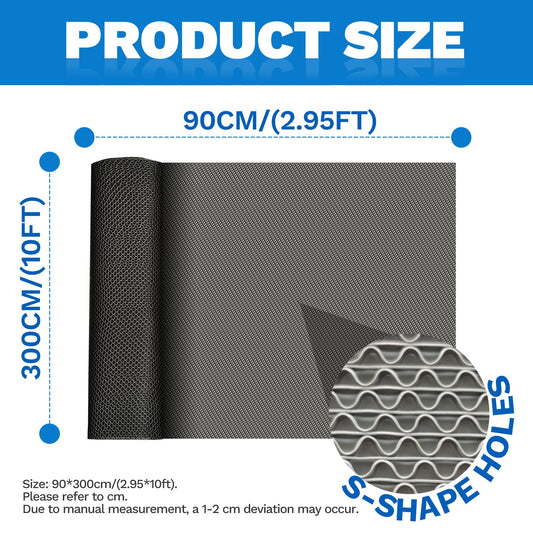 PVC Drainage Floor Mat 3x10Ft, Non-Slip 0.22'' Thick Heavy Duty Mesh Hole Pool Mat, Commercial PVC Mesh Hollow Mats, Outdoor Indoor Rug for Bathroom Patio Bath Shower Wet Area (Grey)