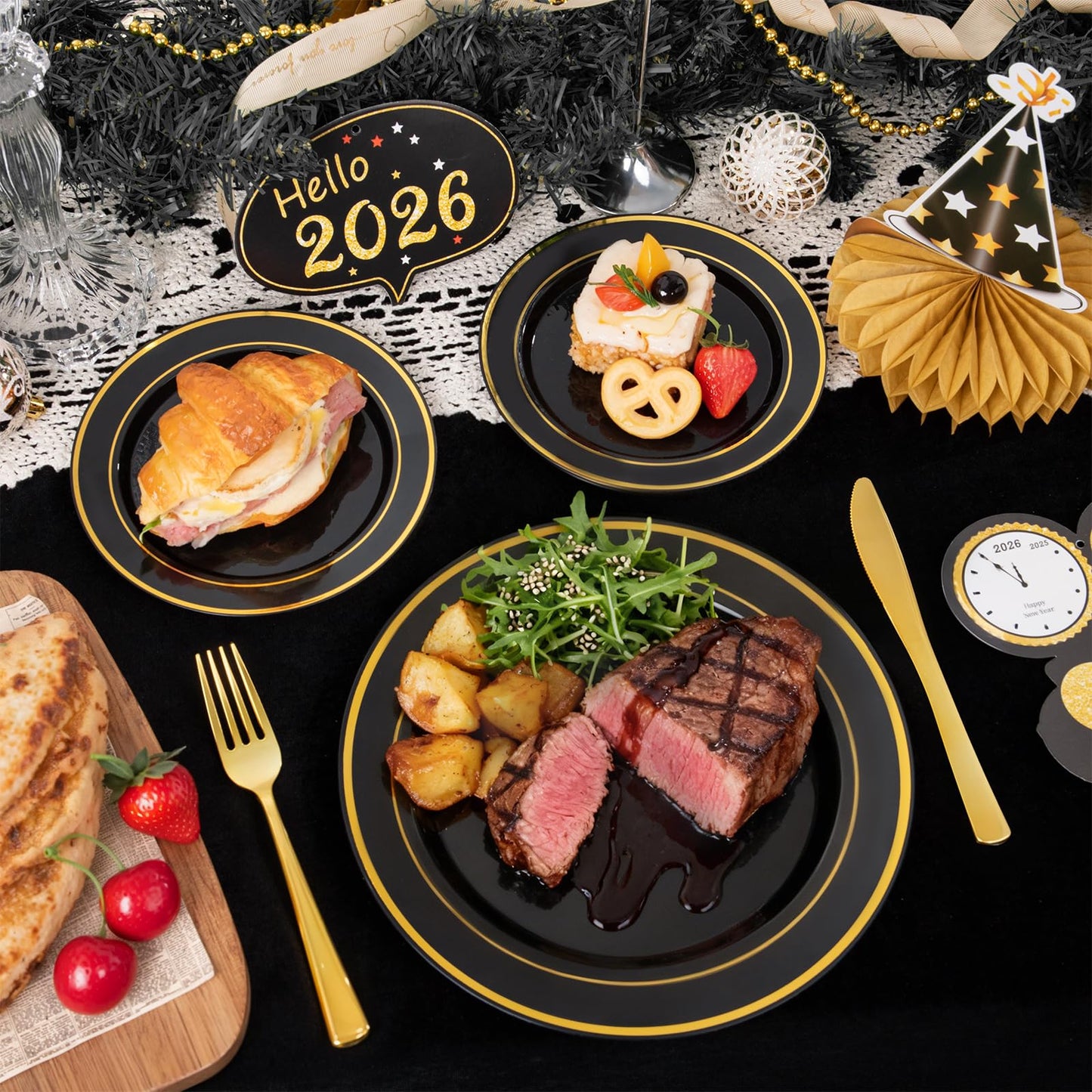 350 Pieces Black and Gold Plastic Plates with Disposable Silverware, Include 50 Dinner Plates 9”, 50 Dessert Plates 6.3”, 50 Black Cups 9 OZ, 50 Pre Rolled Napkins for Wedding Party Graduation