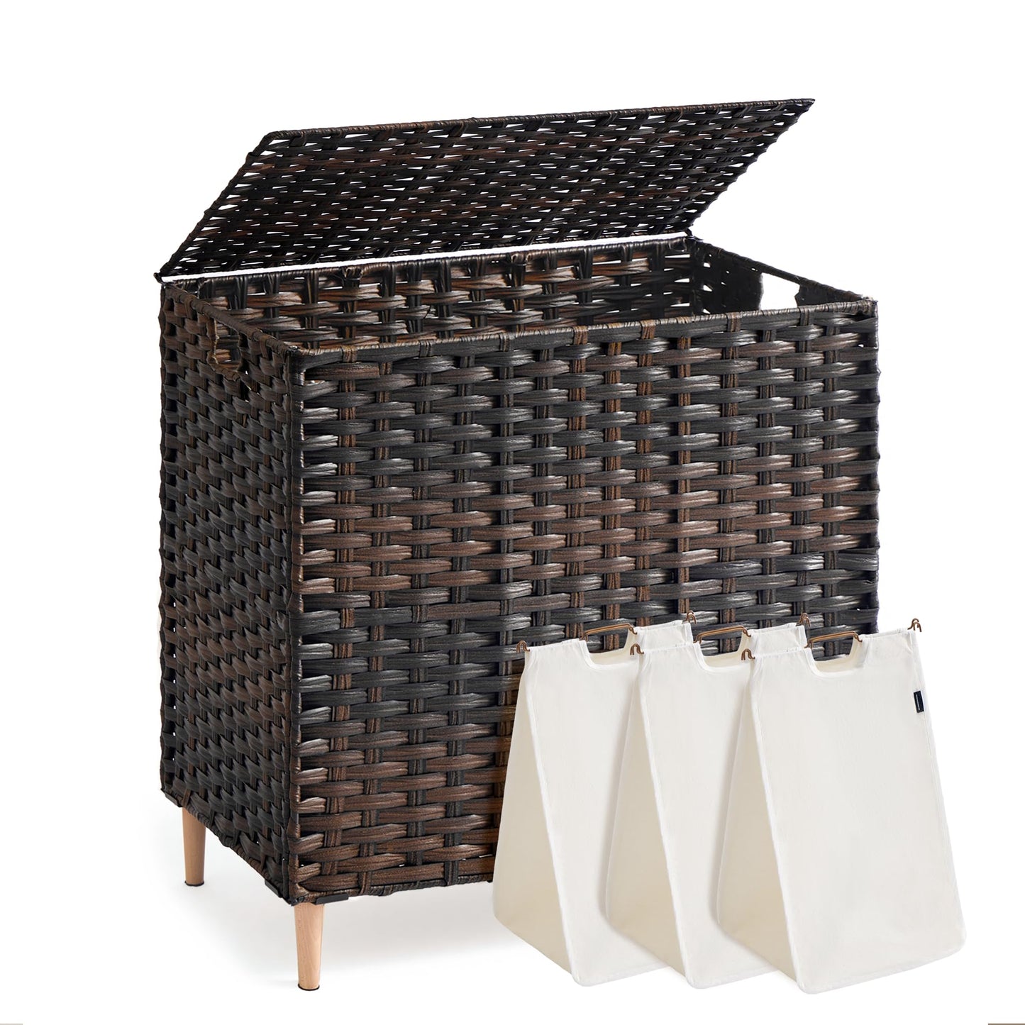 SONGMICS 3-Section Laundry Hamper with Lid, 42.2 Gal (160L) PE Rattan Laundry Basket with Removable Washable Liners, for Bedroom & Living Room, Chestnut Brown ULCB223ME01