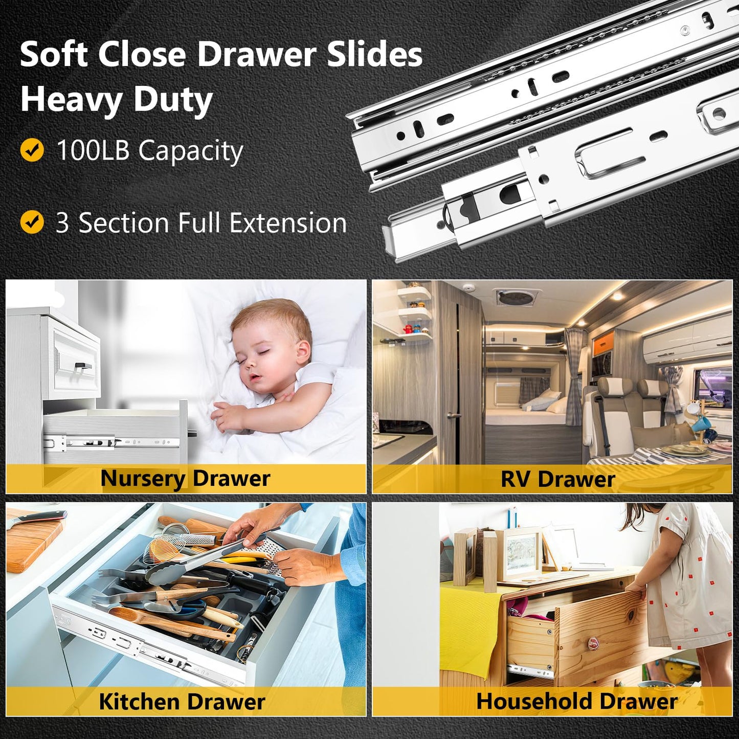 20 inch Ball Bearing Drawer Slides 6 Pairs (12pcs) - 100LB Capacity, Full Extension Side Mount Slides for Kitchen Cabinets, Wardrobes, Office Furniture (Silver 20inch)