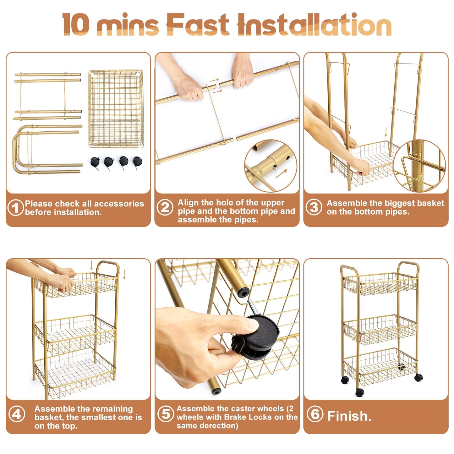 MNOPQ 3 Tier Mesh Rolling Utility Cart, Gold Metal Organization Cart with Lockable Wheels, Multifunctional Storage Trolley Service Cart for Kitchen Living Room Office Salon