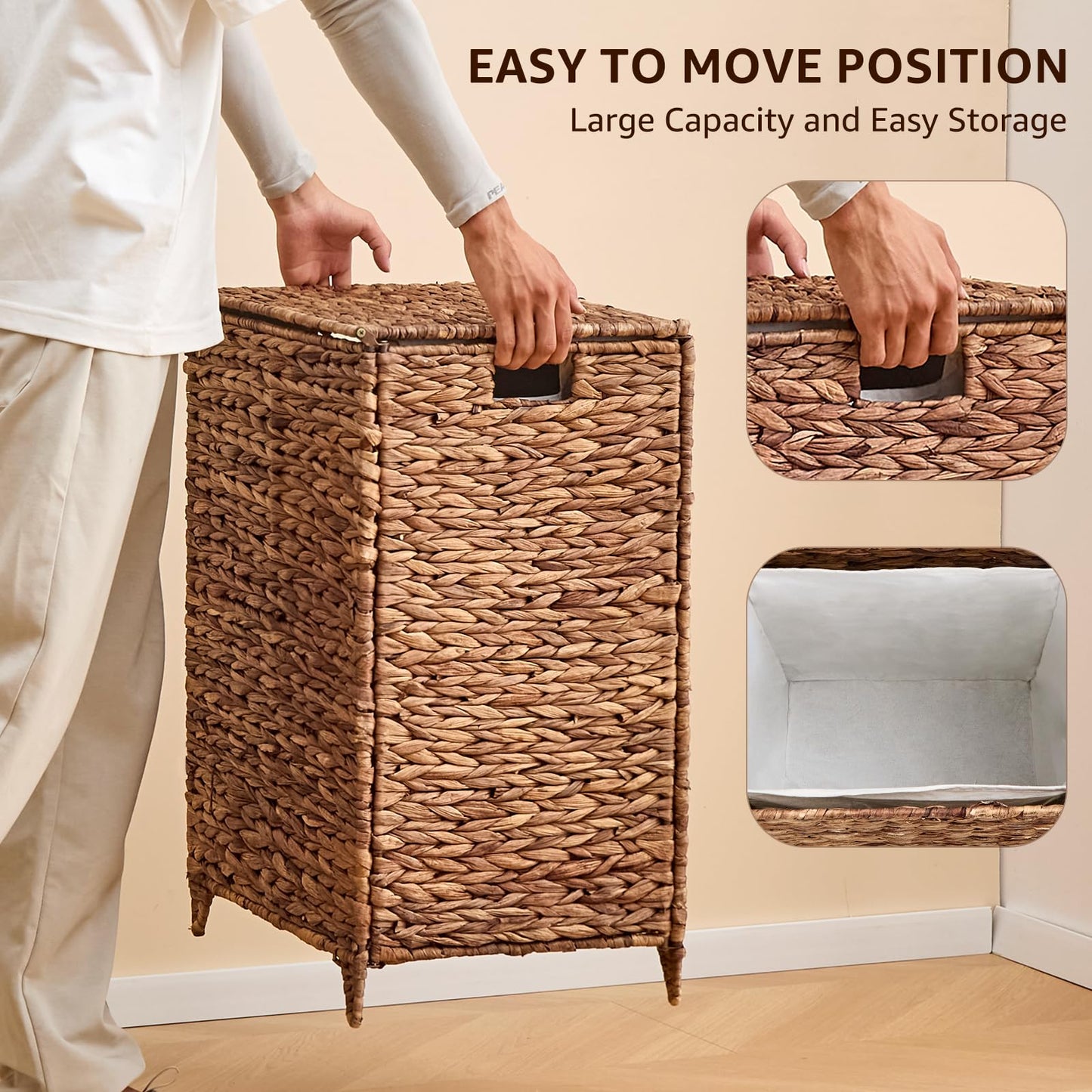 LGENHOOM Natural Hyacinth Laundry Hamper with Lid, Handwoven Heightened Feet Laundry Basket, Wicker Clothes Hamper with Removable Liner Bag for Clothes and Towels (Espresso, 90L)
