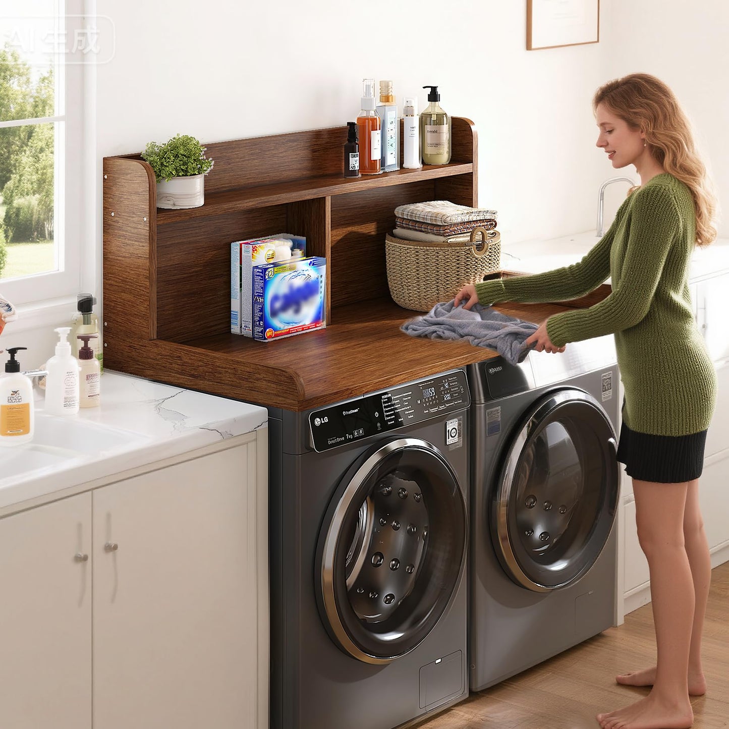 Corbyles 2-Tier Washer Dryer Countertop, 18.5" Raised Height Laundry Countertop with Edge Rails and Non-Slip Pad, 54"W x 27.55"D Washer and Dryer Topper for Laundry Room Storage Organization (Brown)
