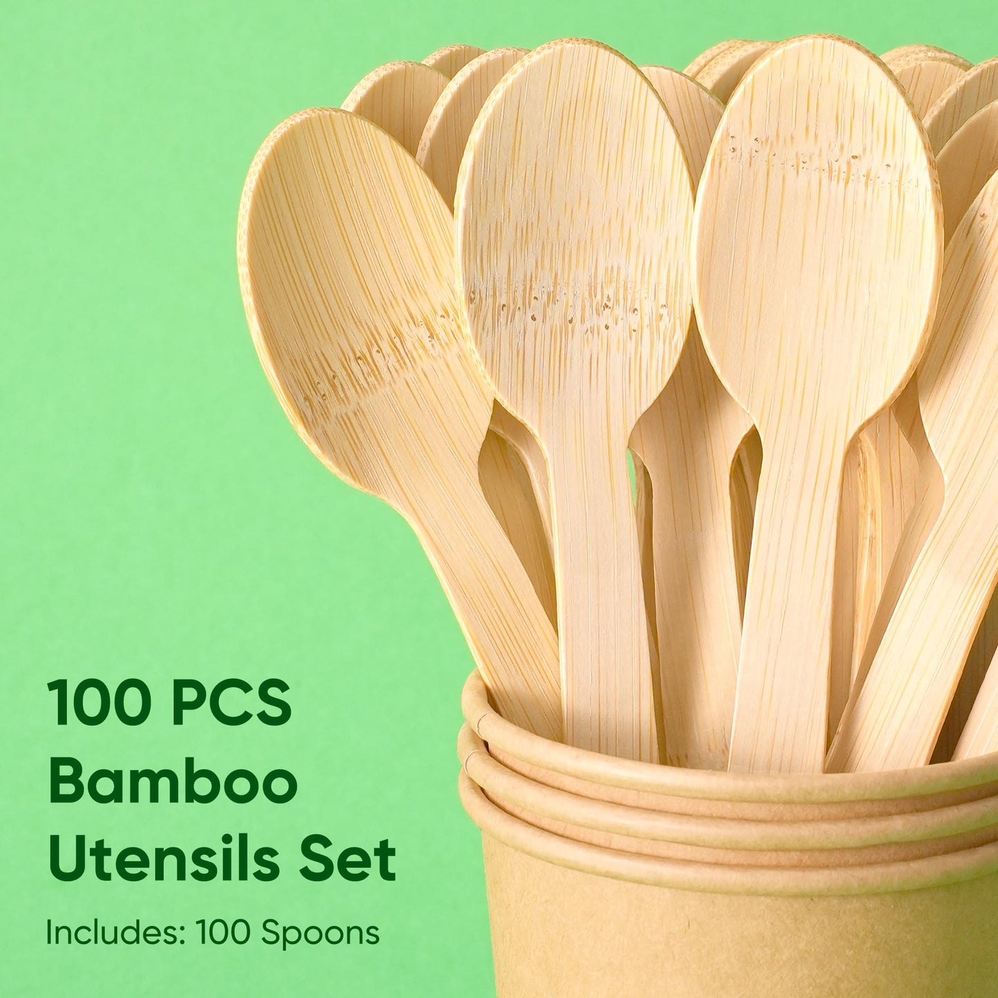 FEHHTO Disposable Bamboo Utensils Set, Compostable Cutlery, Eco-Friendly Disposable Silverware for Parties, Catering, Office Lunches –100 PCS Spoons