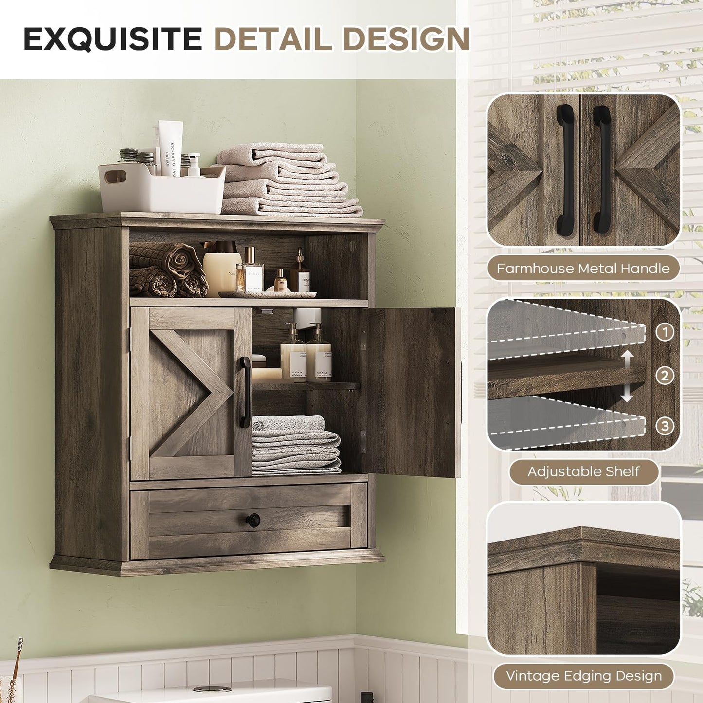 Bathroom Wall Cabinet, Wall Mounted Medicine Cabinet with Drawer, Barn Door & Adjustable Shelf, 24.4"H x 23.6"W x 9"D Grey Over Toilet Farmhouse Storage Cabinet for Kitchen, Laundry, Entryway