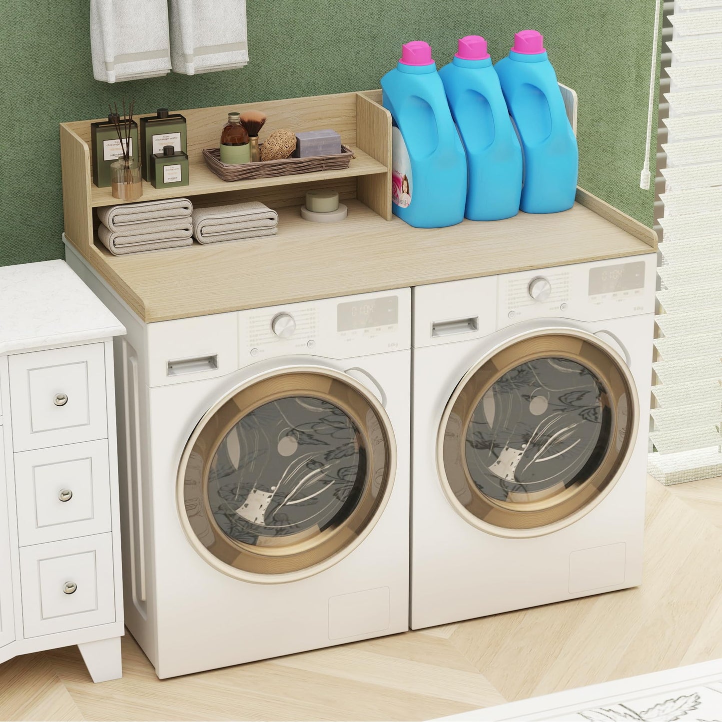 Desility Washer and Dryer Countertop, 54.7" W X 28.3" D Wooden Laundry Countertop with Adjustable Shelves, 2 Tier Washer and Dryer Topper for Laundry Room Organization, Natural