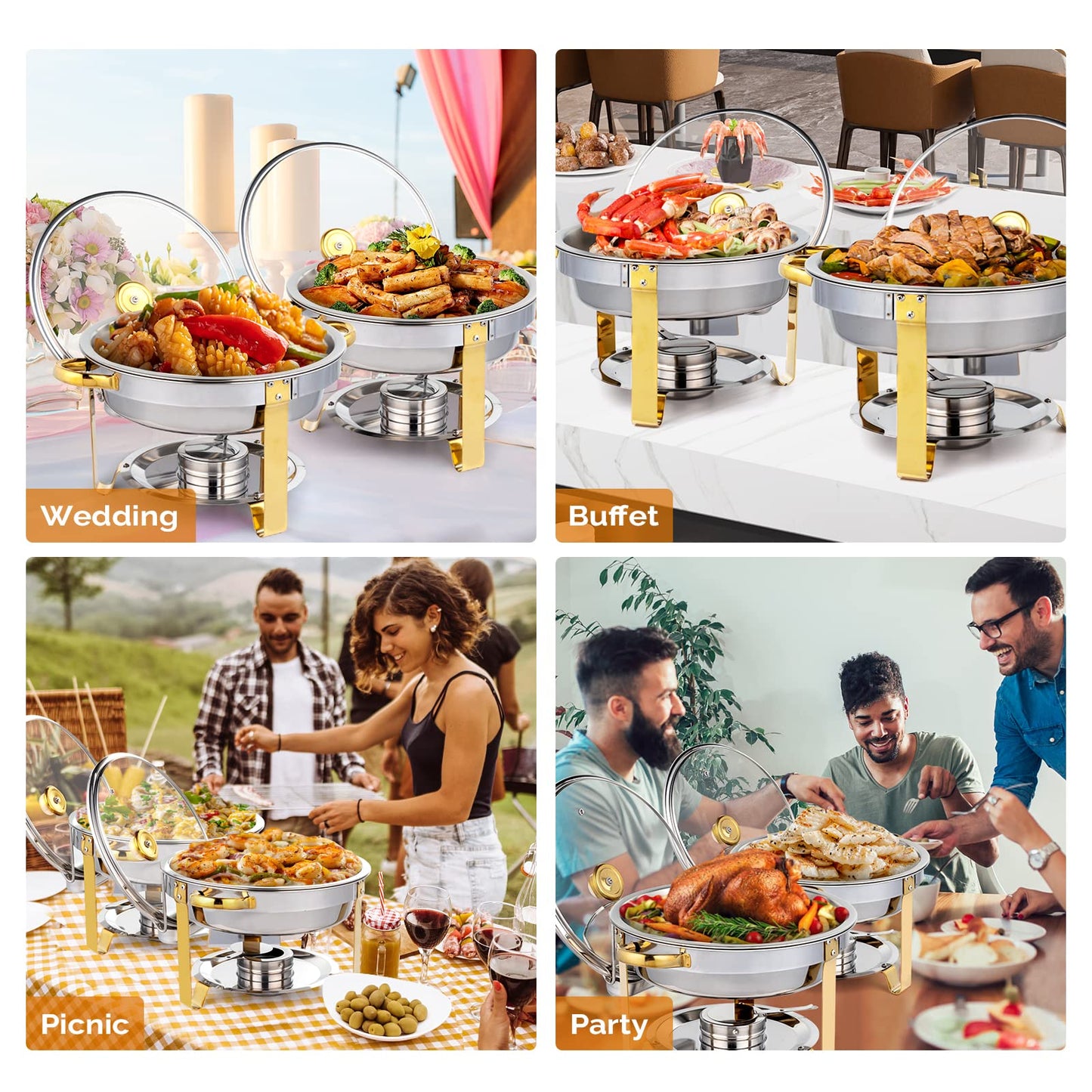 ROVSUN 5QT 4 Packs Chafing Dish Buffet Set Gold Accent, NSF Round Stainless Steel Buffet Warmer Chafers and Warmers Sets with Glass Lid & Lid Holder for Catering Events Parties Weddings Dinners