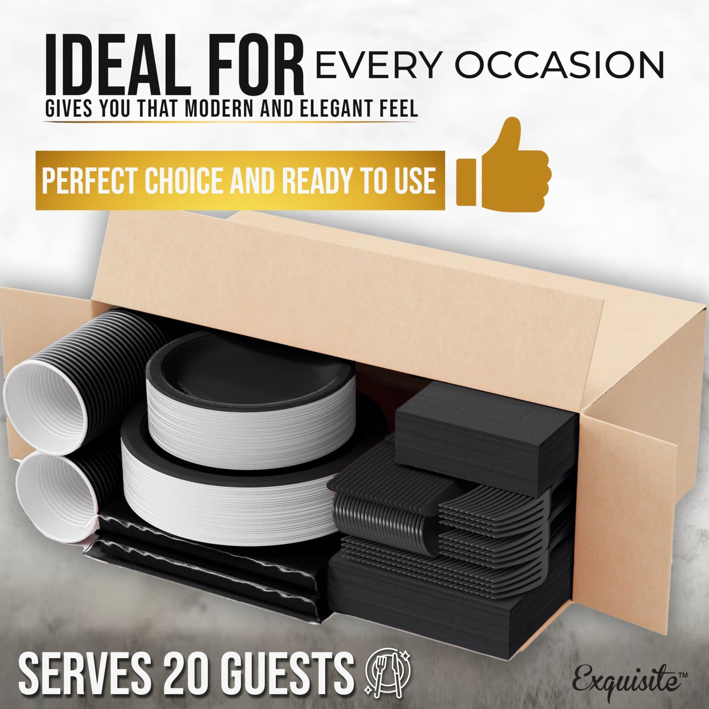 Party Solids 222 Pcs Black Paper Plates and Napkins Sets, Disposable Plates For Party, Lunch & Cocktail Napkins Paper, 18oz Plastic Cups, Cutlery and Black Table cloth Plastic Dinnerware Set