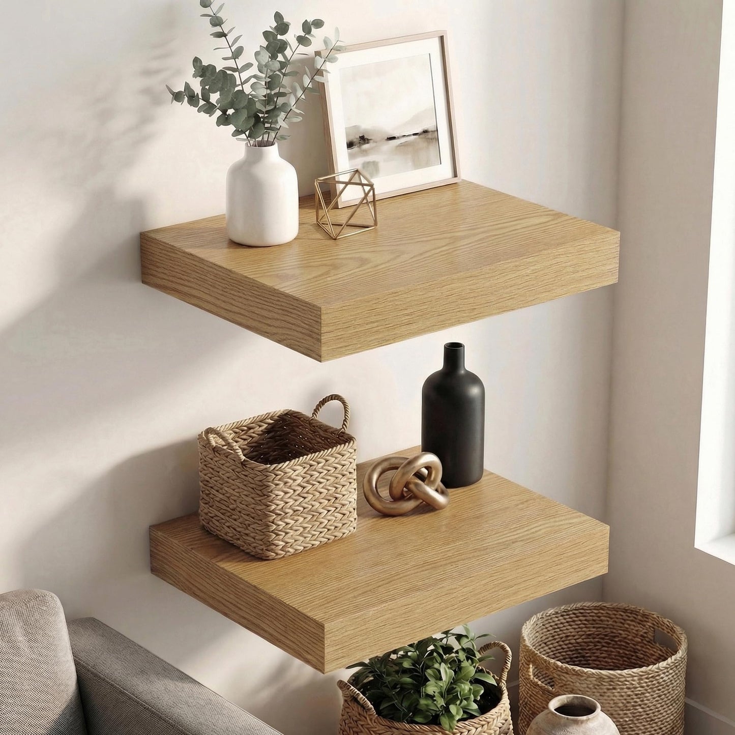 Dreamland Floating Shelves 16 inch, 2 Pack Rustic Wooden Wall Shelves, Wall Mounted Storage Shelf for Living Room, Kitchen, Farmhouse - Oak