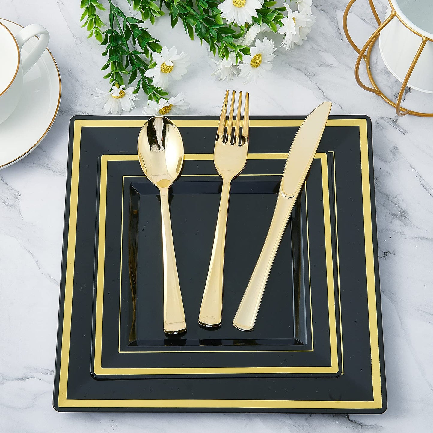 JOLLY CHEF 125 Count Square Black Gold Plastic Plates, Including 25 Disposable Dinner, 25 Dessert, 25 Knives, 25 Forks and 25 Spoons, Plastic Dinner Plates for Weddings and Parties