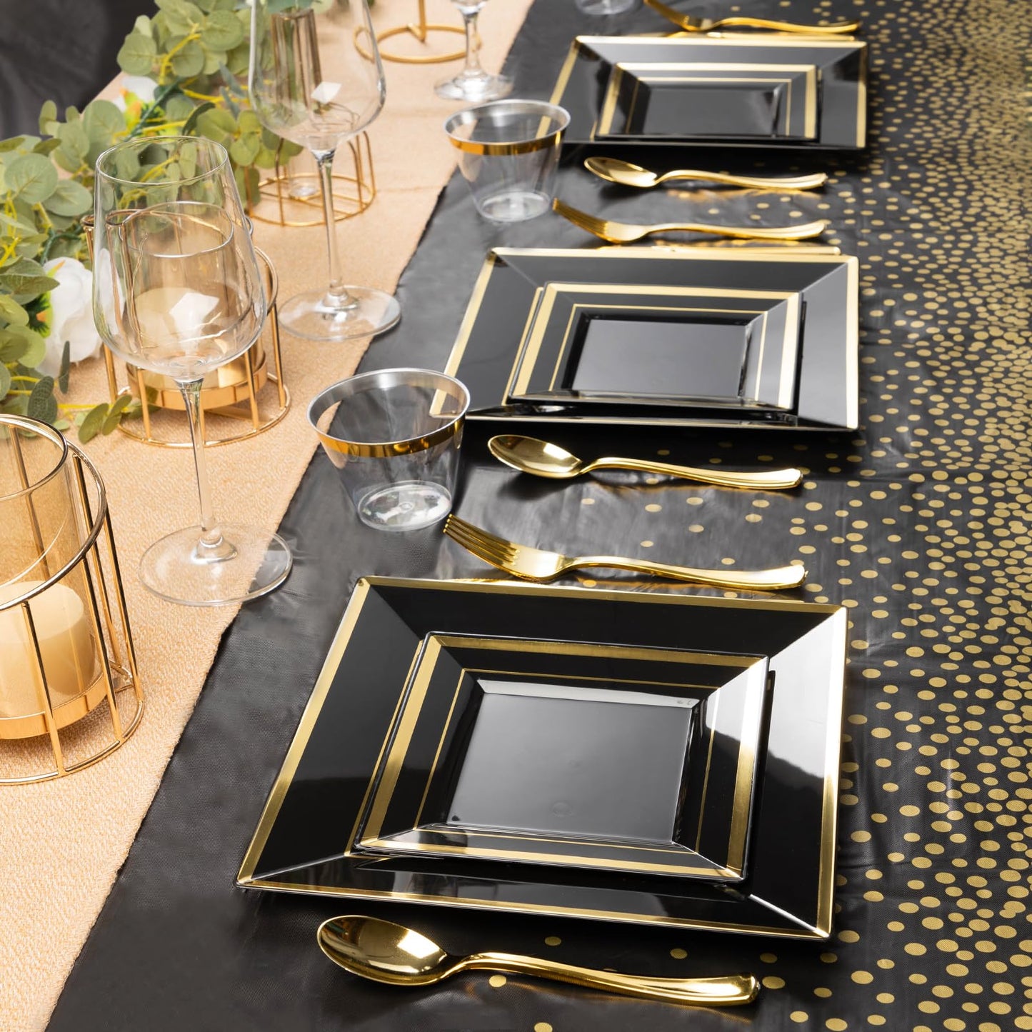 Goodluck 352 Pieces Black Dinnerware Set for 50 Guests, Black Square Plastic Plates with Gold Trim, Include: 100 Plastic Plates, 50 Rolled Napkins, 50 Cups, 50 Cutlery Set and 2 Tablecloth