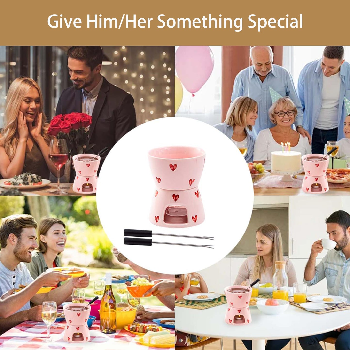 YumiPLUS Sweet Cheese Fondue Cup with 2 Dipping Forks, Ceramic Chocolate Melting Cup Set, Individual Fondue Mug for Dessert, Small Chocolate Melter for Dating/Anniversary/Gift/Valentine (Pink)