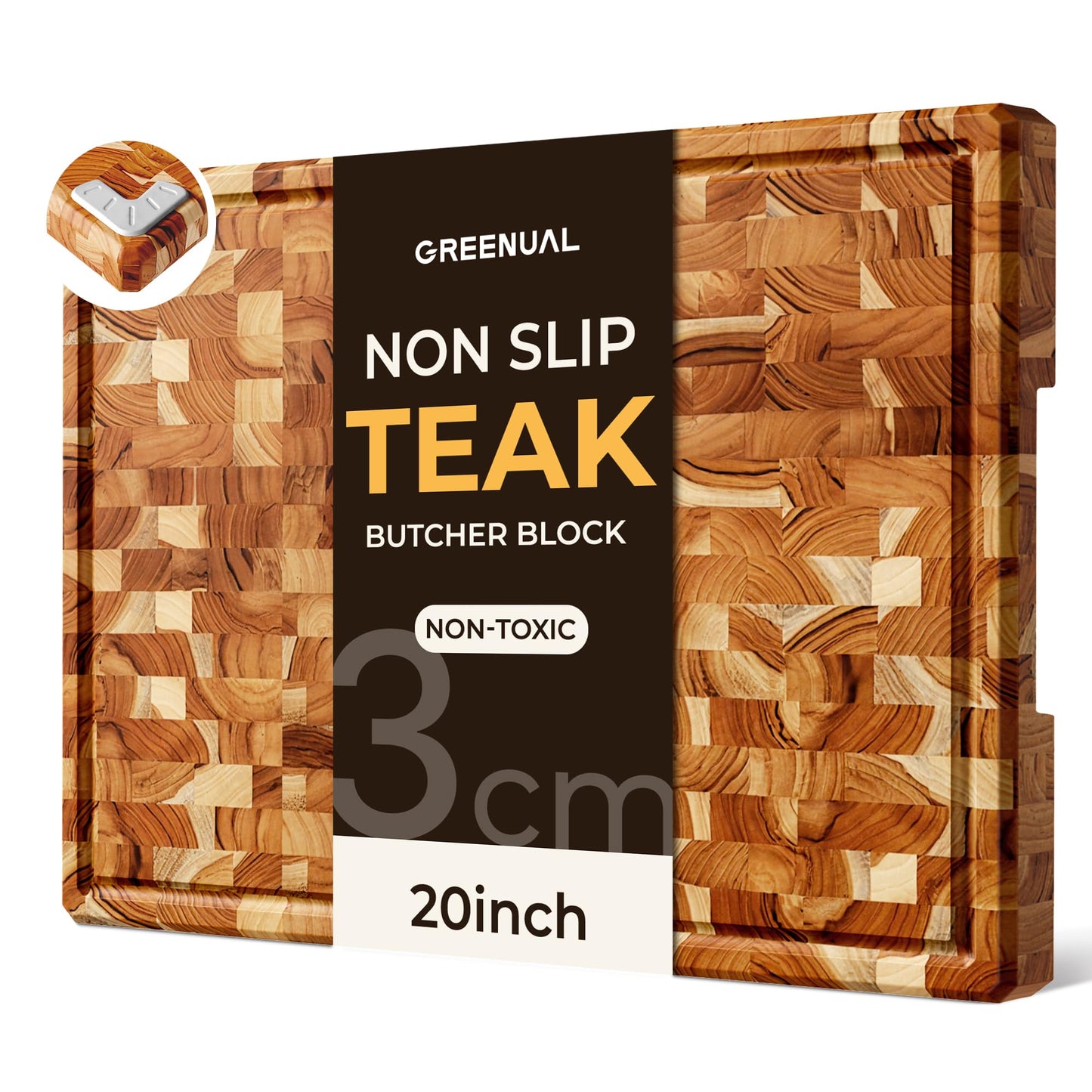 Teak Wood Cutting Boards for Kitchen 20'' Extra Large Butcher Block End Grain Wooden Cutting Board with Juice Groove & Handle Heavy Duty Chopping Charcuterie Board Non Toxic Slip Serving KnifeFriendly