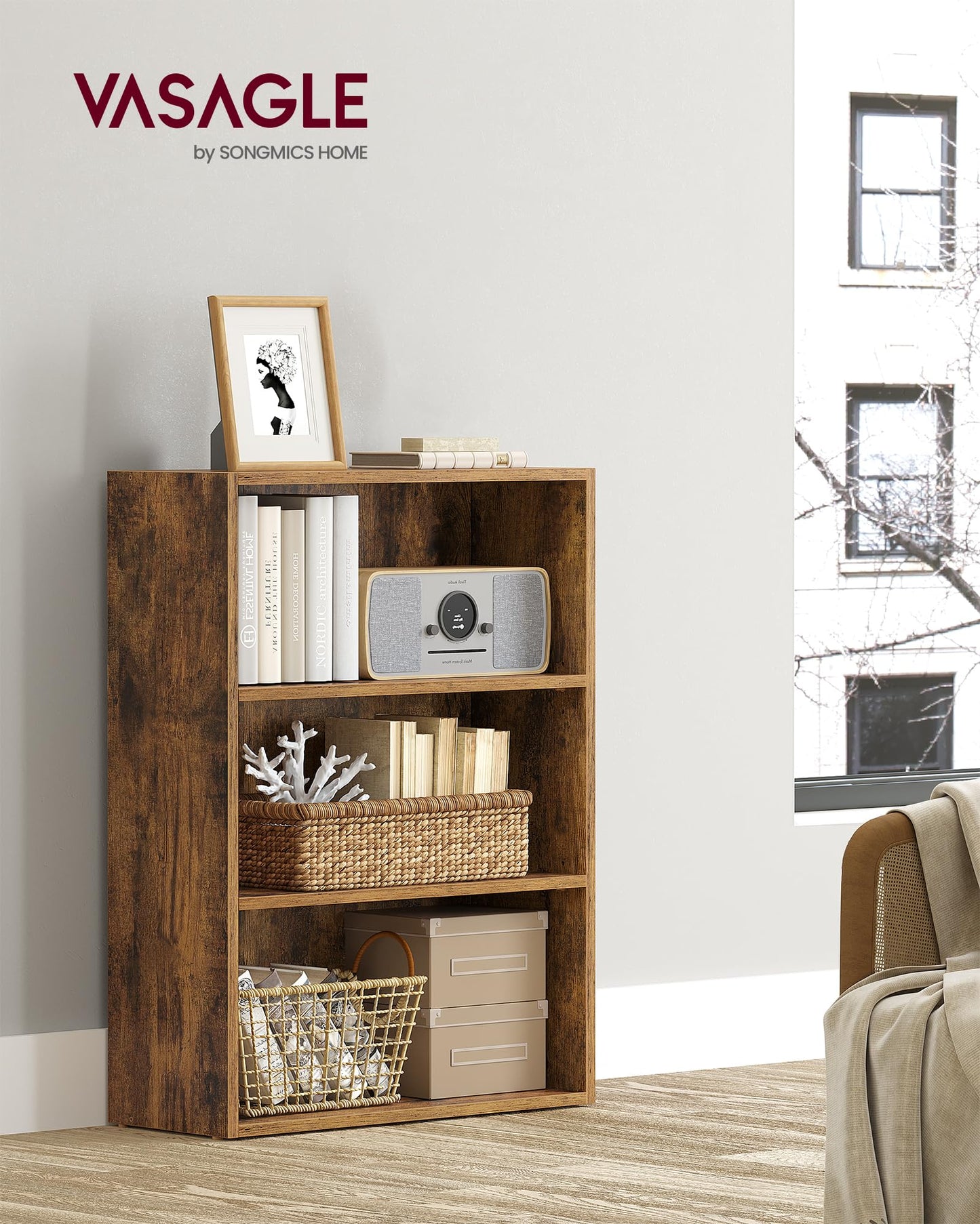 VASAGLE CUSTOS Collection - Bookshelf, 3-Tier Bookcase, Book Shelf, Open Storage Shelf, 9.4 x 23.6 x 32 Inches, for Living Room, Home Office, Dinning Room, Rustic Brown ULBC163X01
